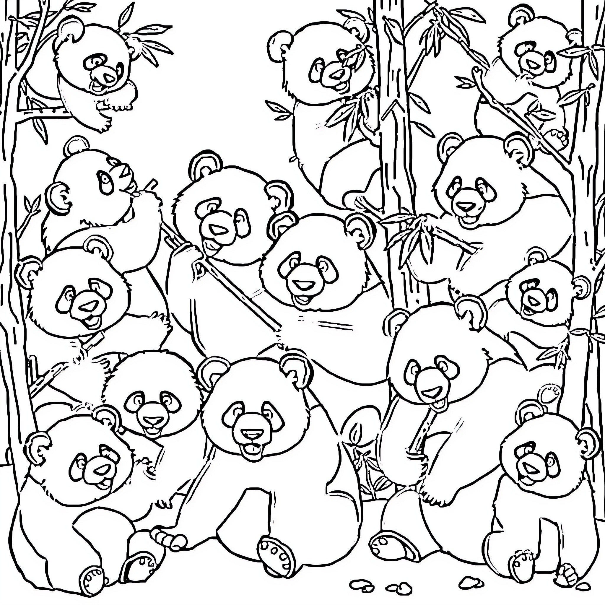 Panda family playing in the bamboo forest Coloring Page (free black-and-white line drawing printable PDF for all, from beginners to advanced learners, including children, teens, adults, and seniors)