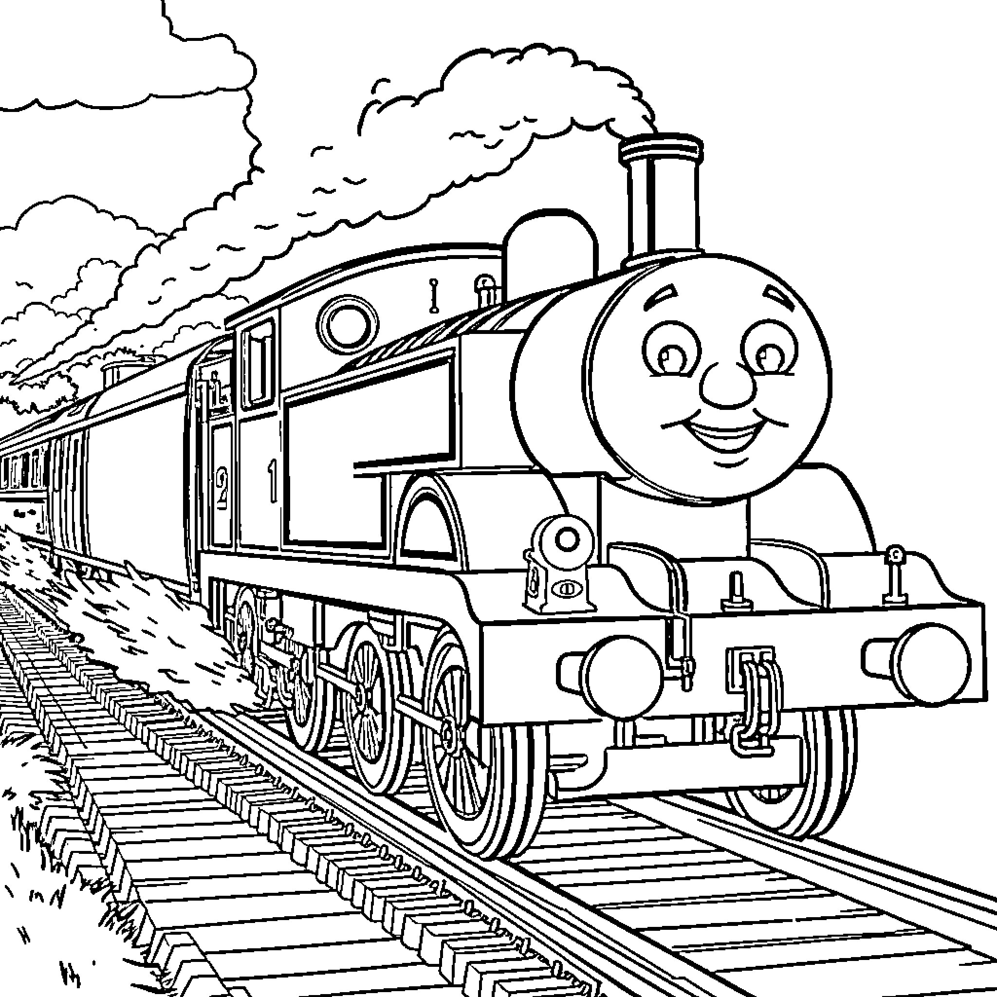 Train chugging cheerfully through the countryside Coloring Page (free black-and-white line drawing printable PDF for all, from beginners to advanced learners, including children, teens, adults, and seniors)
