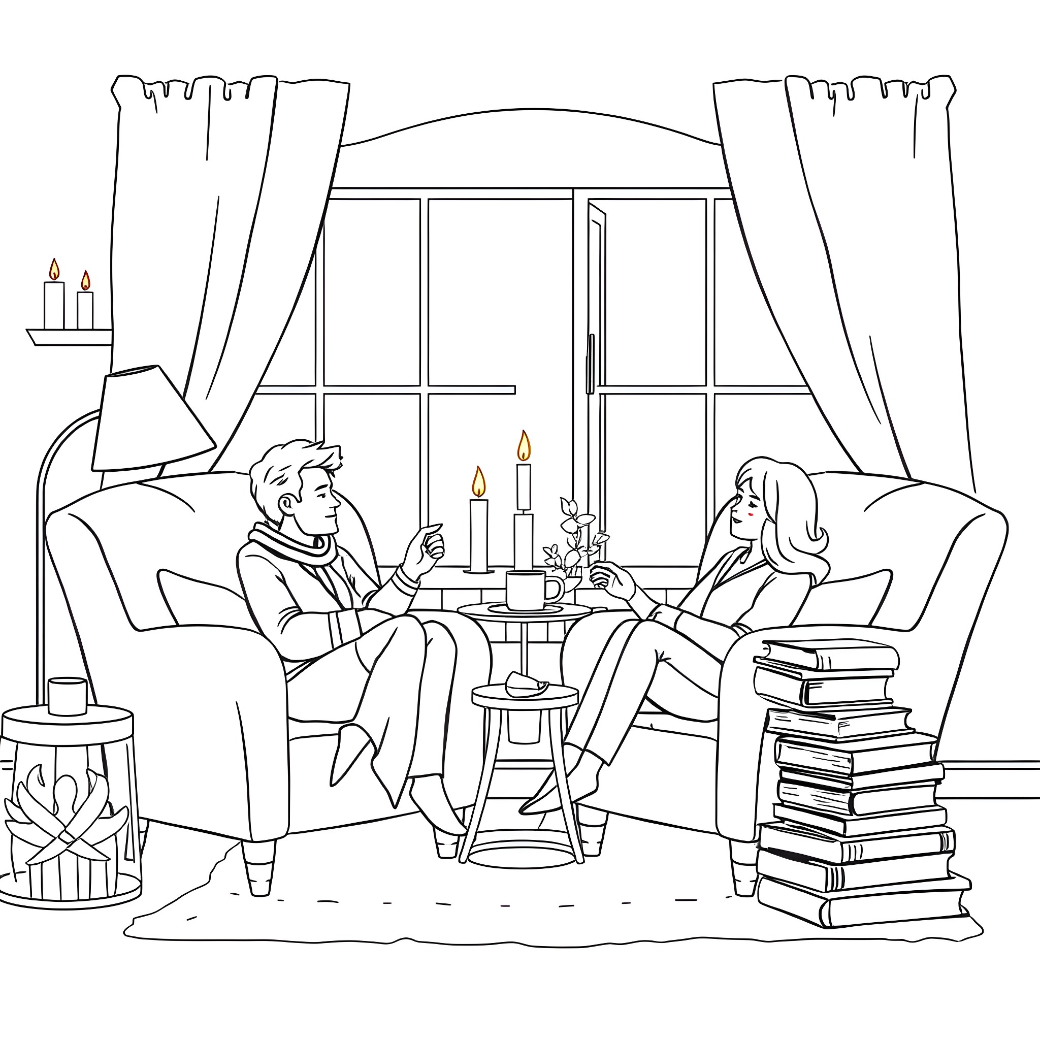 Adult couple relaxing by the fireplace Coloring Page (free black-and-white line drawing printable PDF for all, from beginners to advanced learners, including children, teens, adults, and seniors)