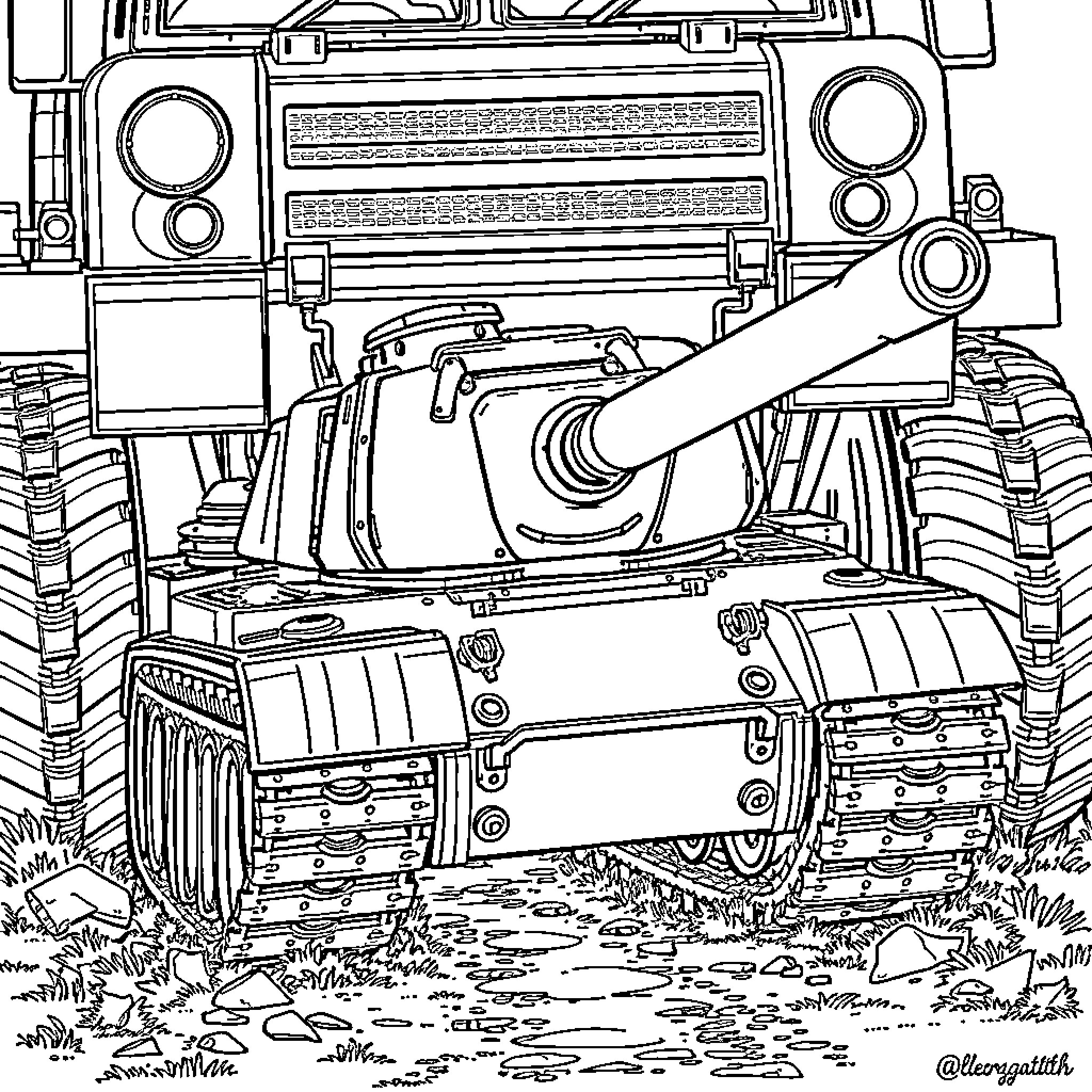 Tiger Tank in Action on the Battlefield Coloring Page (free black-and-white line drawing printable PDF for all, from beginners to advanced learners, including children, teens, adults, and seniors)