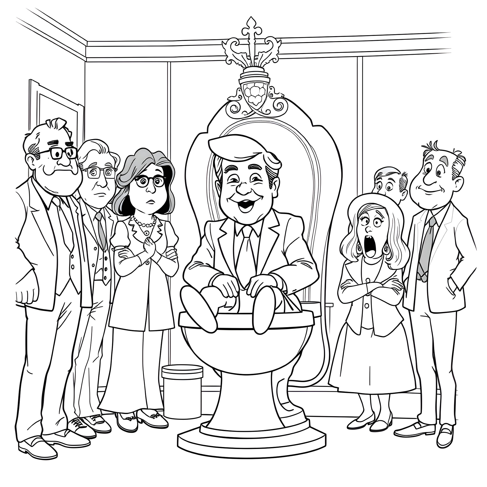 Donald Trump posing with entourage in official setting Coloring Page (free black-and-white line drawing printable PDF for all, from beginners to advanced learners, including children, teens, adults, and seniors)