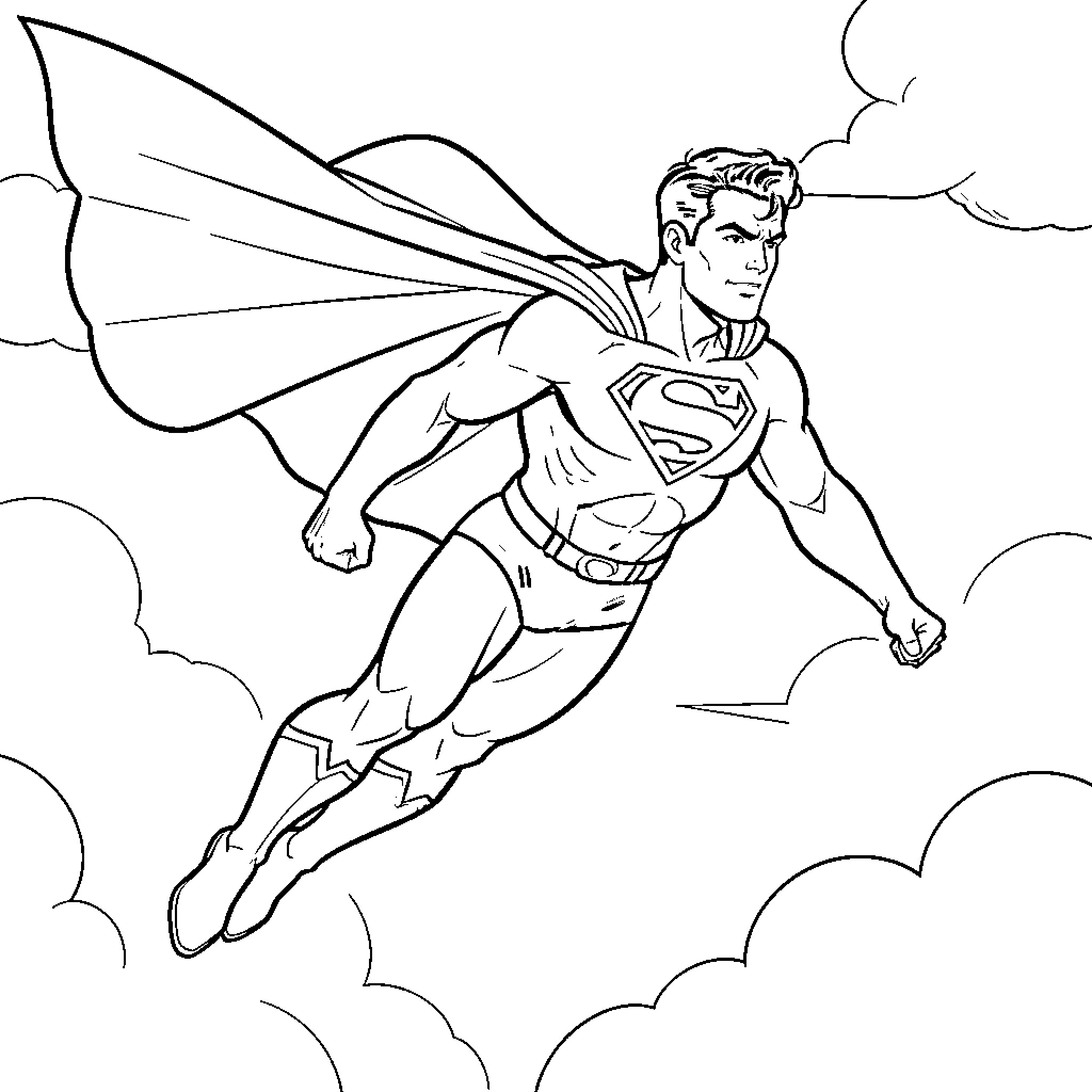 Superman flying heroically through the clouds Coloring Page (free black-and-white line drawing printable PDF for all, from beginners to advanced learners, including children, teens, adults, and seniors)