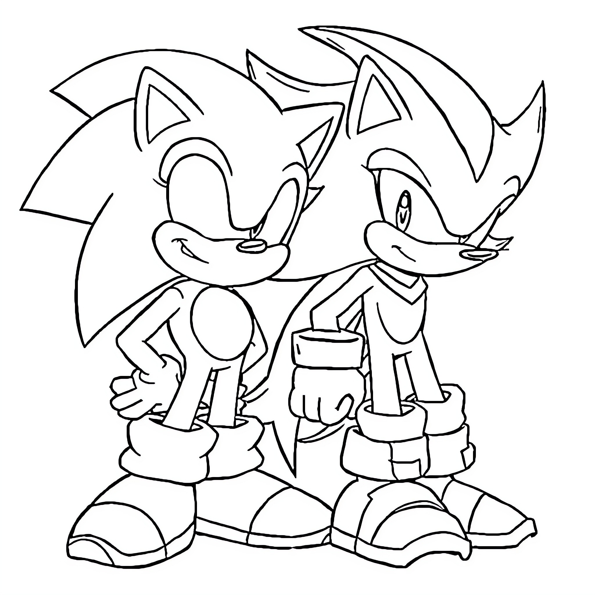 Sonic and his friend in action poses Coloring Page (free black-and-white line drawing printable PDF for all, from beginners to advanced learners, including children, teens, adults, and seniors)