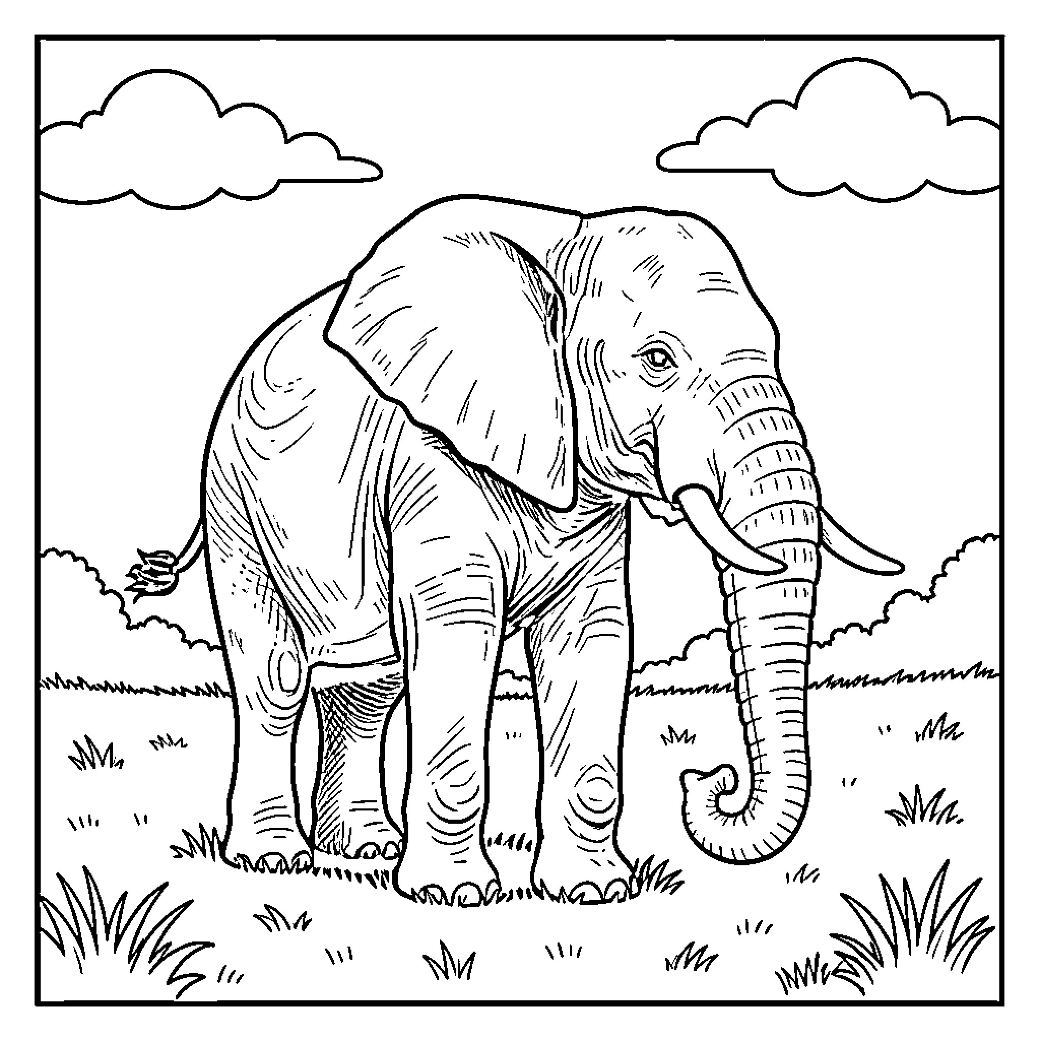 Elephant enjoying the outdoors in a natural setting Coloring Page (free black-and-white line drawing printable PDF for all, from beginners to advanced learners, including children, teens, adults, and seniors)