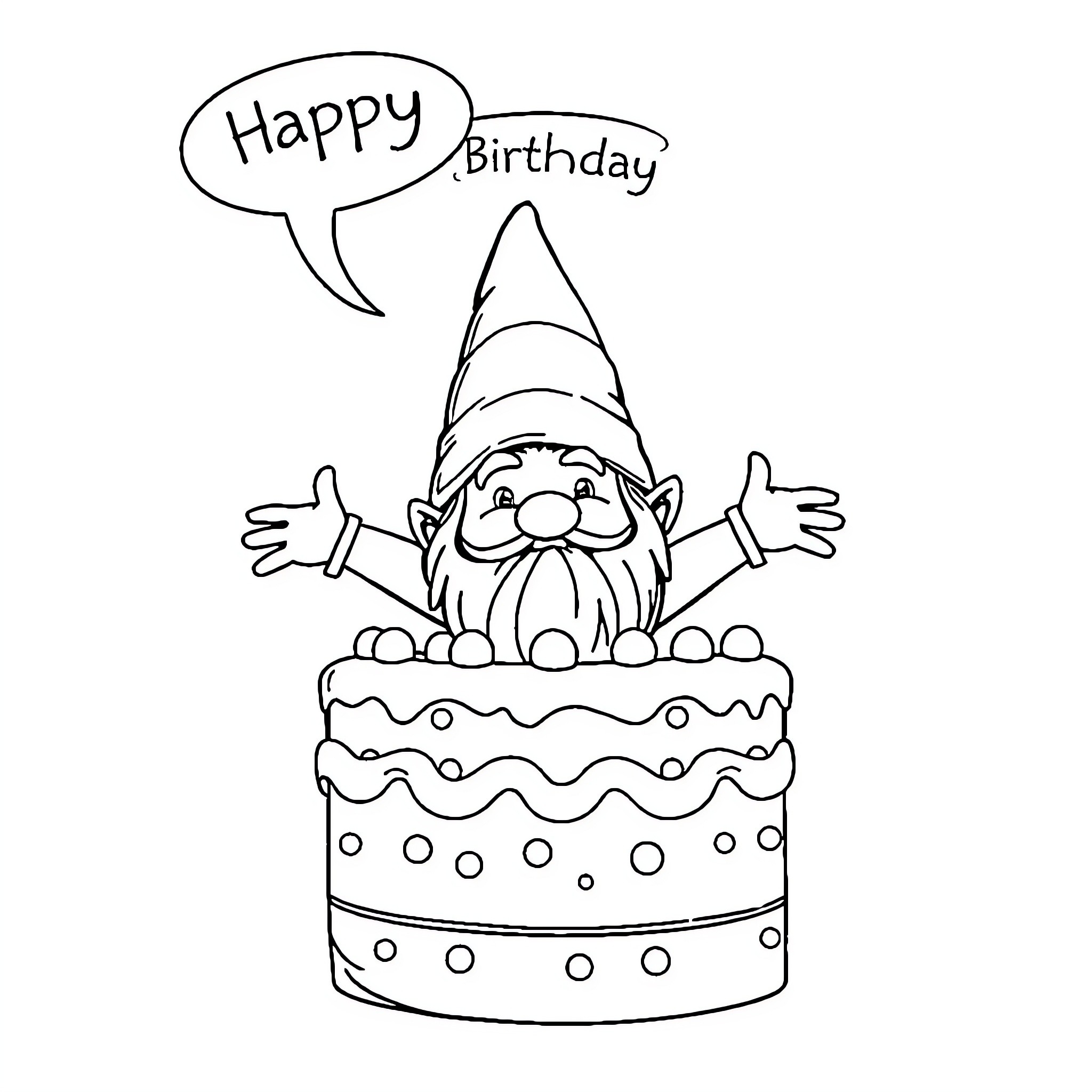 Gnome celebrating with a birthday cake Coloring Page (free black-and-white line drawing printable PDF for all, from beginners to advanced learners, including children, teens, adults, and seniors)