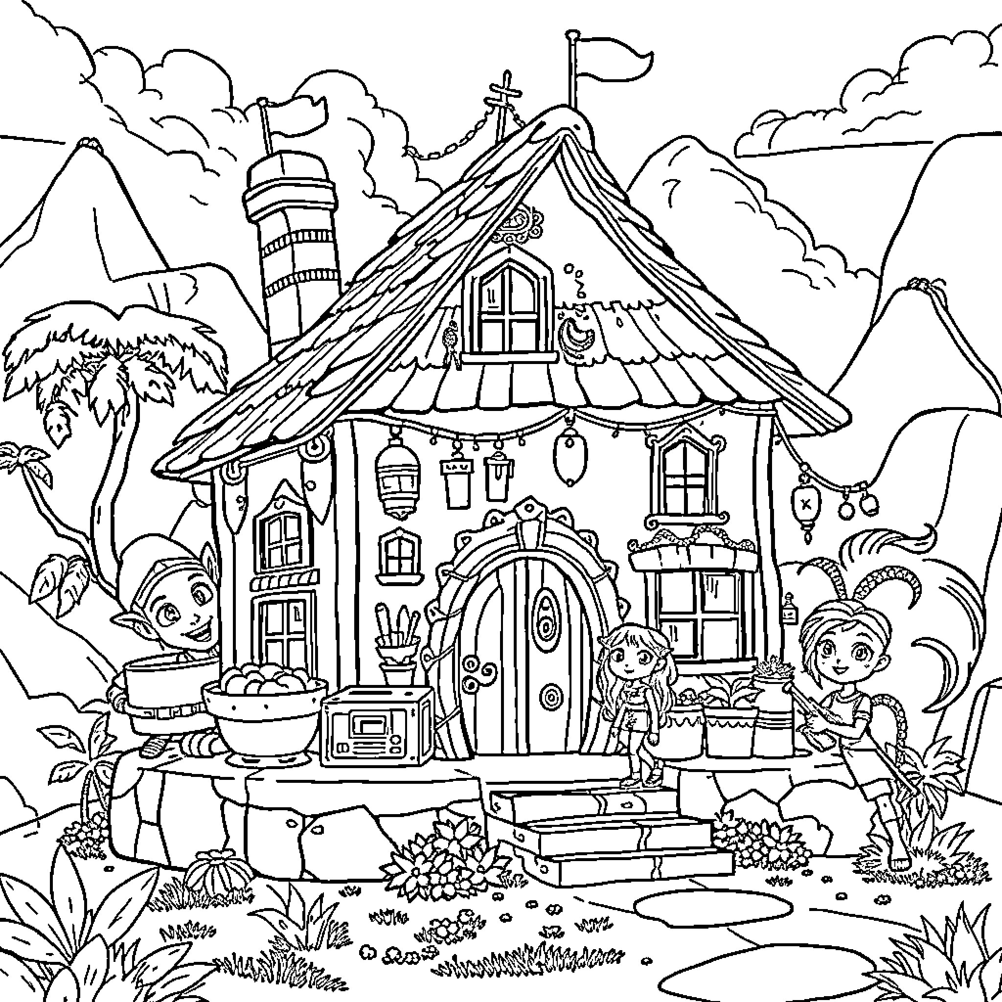 Avatar Whimsical Cottage in the Enchanted Forest Coloring Page (free black-and-white line drawing printable PDF for all, from beginners to advanced learners, including children, teens, adults, and seniors)