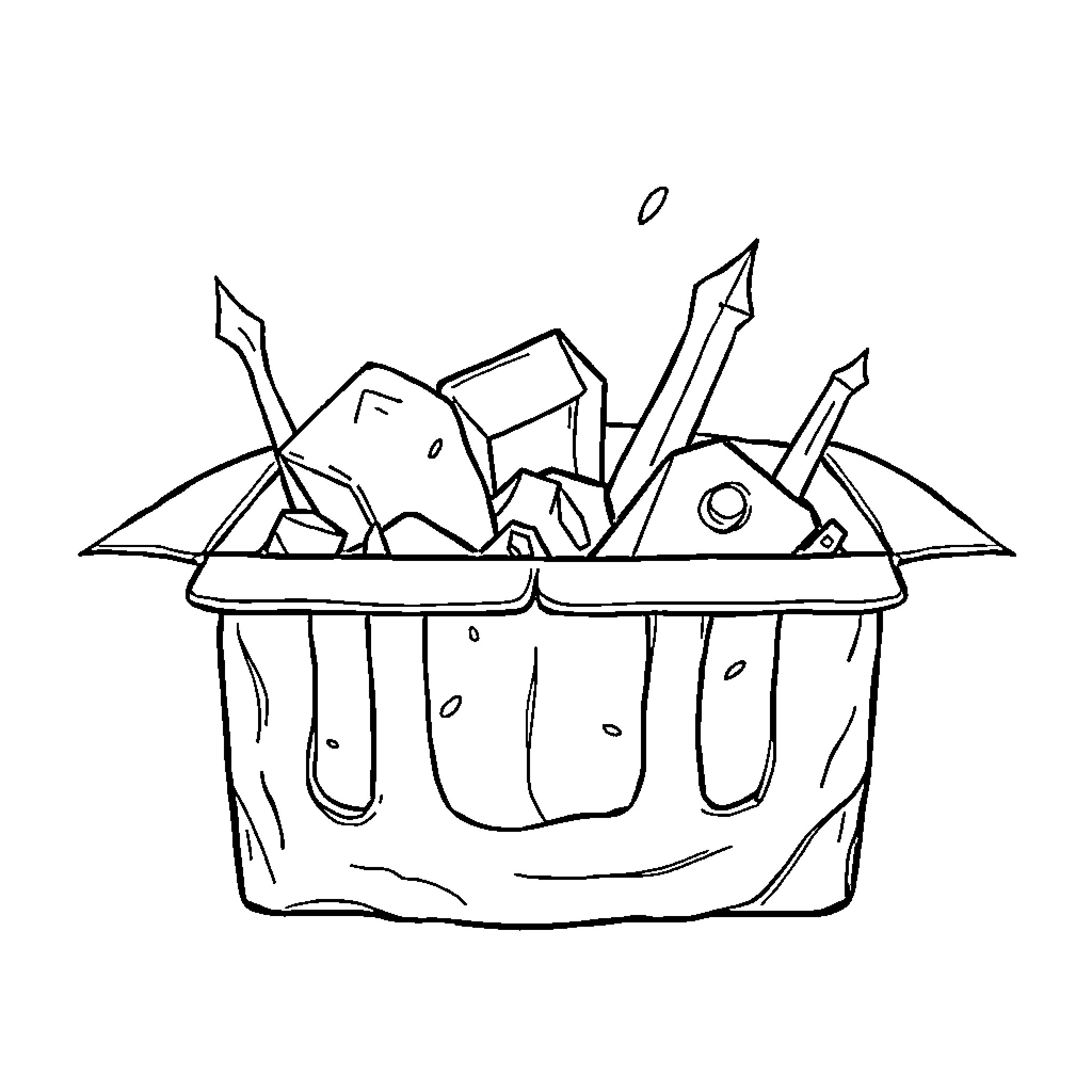 Box of Assorted School Supplies Coloring Page (free black-and-white line drawing printable PDF for all, from beginners to advanced learners, including children, teens, adults, and seniors)