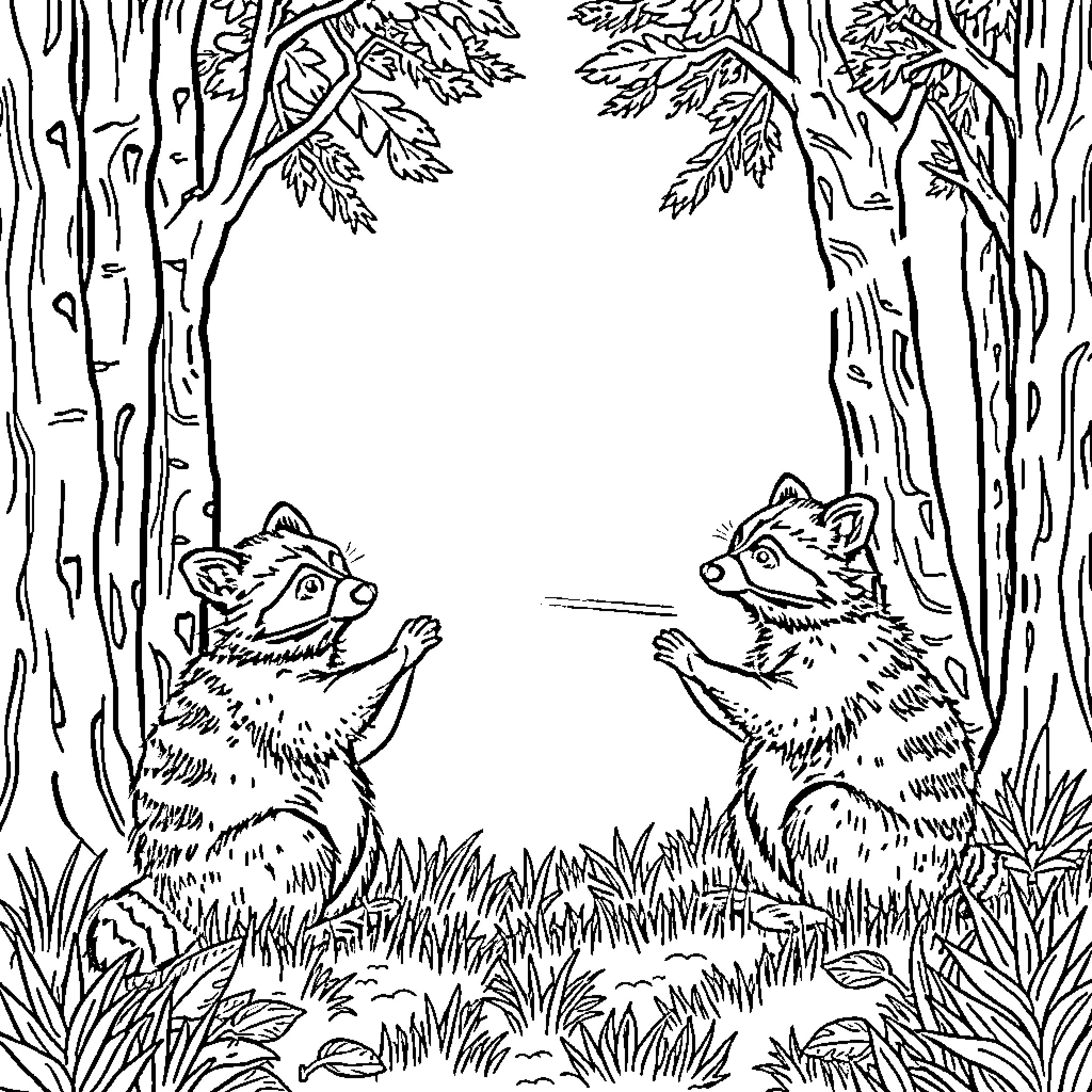 Raccoon friends in the forest Coloring Page (free black-and-white line drawing printable PDF for all, from beginners to advanced learners, including children, teens, adults, and seniors)