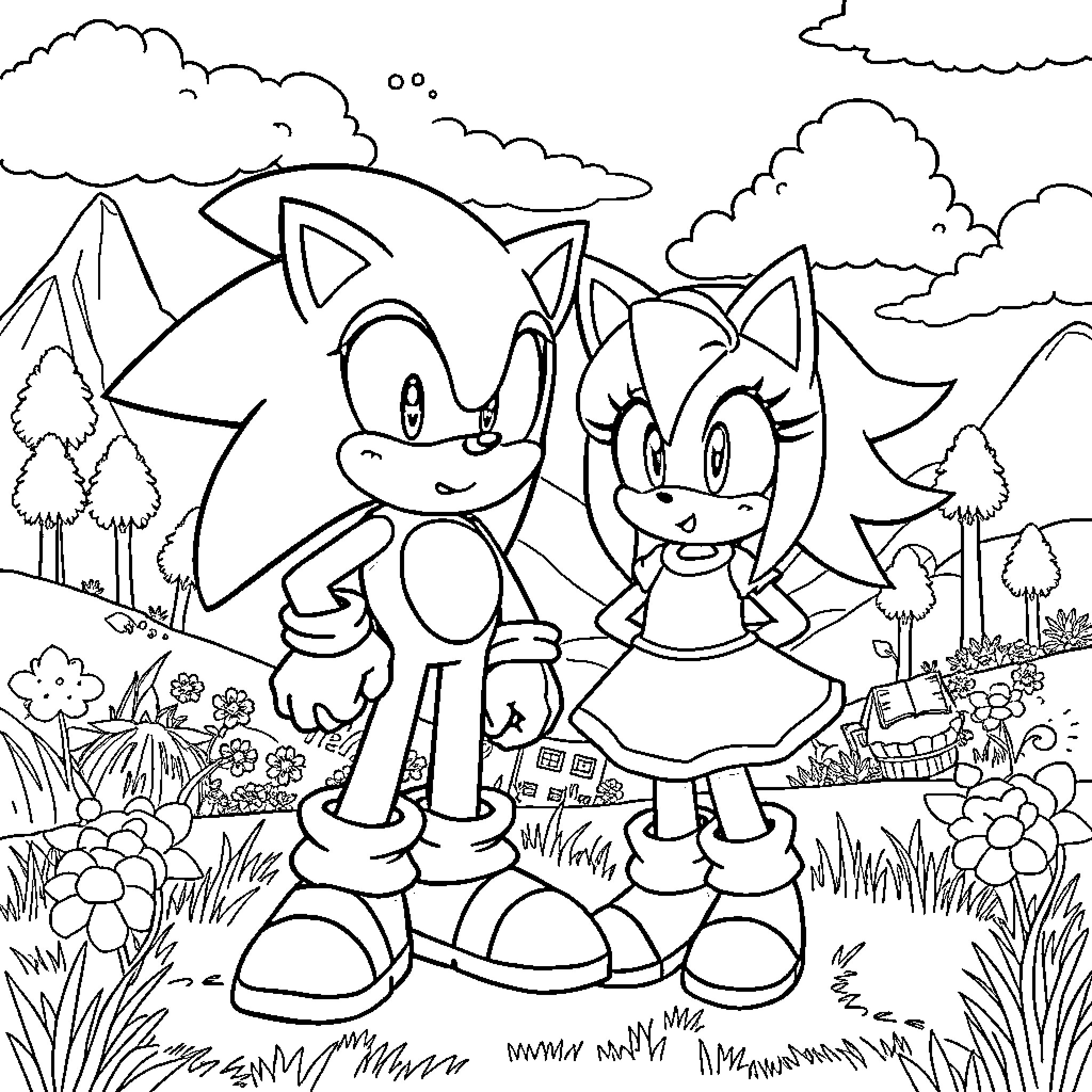 Sonic and Friends Exploring Nature Coloring Page (free black-and-white line drawing printable PDF for all, from beginners to advanced learners, including children, teens, adults, and seniors)