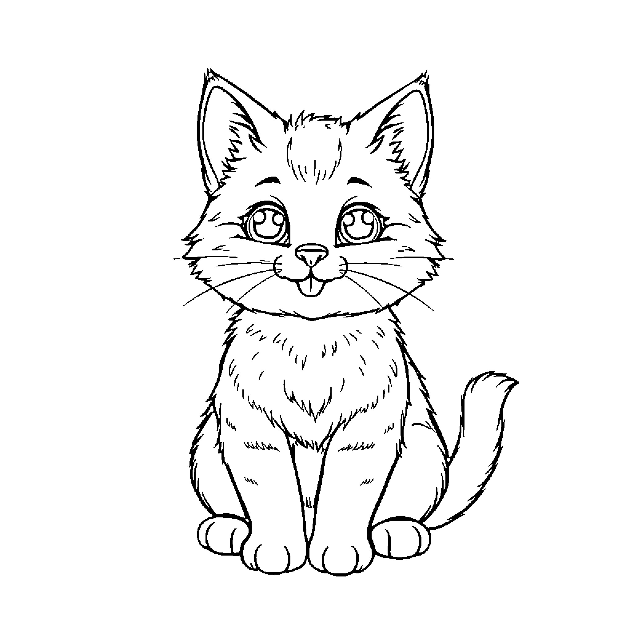 Cat with a Cheerful Expression Coloring Page (free black-and-white line drawing printable PDF for all, from beginners to advanced learners, including children, teens, adults, and seniors)