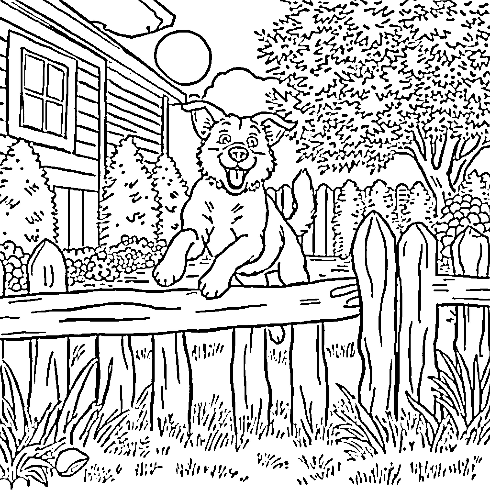 Dog happily playing in the backyard Coloring Page (free black-and-white line drawing printable PDF for all, from beginners to advanced learners, including children, teens, adults, and seniors)