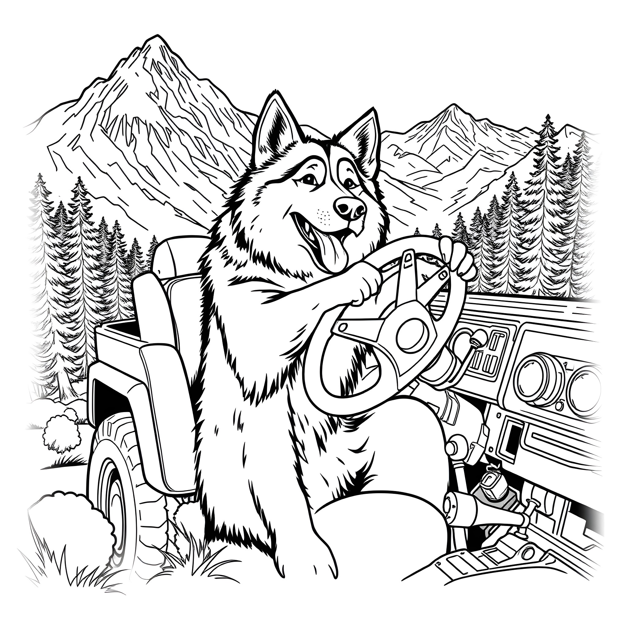 Malamute driving a snowmobile in the mountains Coloring Page (free black-and-white line drawing printable PDF for all, from beginners to advanced learners, including children, teens, adults, and seniors)