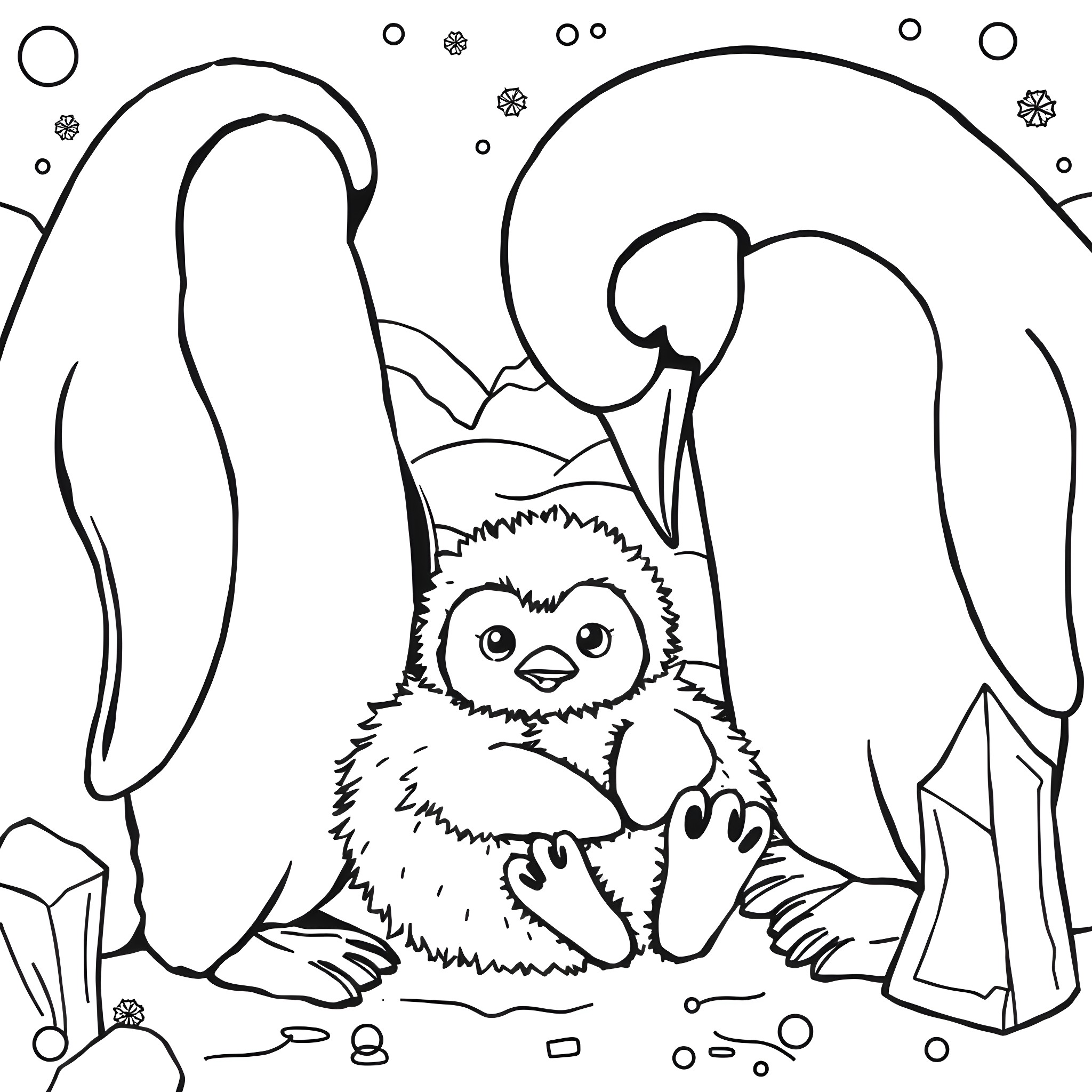 Penguin nestling in snowy landscape Coloring Page (free black-and-white line drawing printable PDF for all, from beginners to advanced learners, including children, teens, adults, and seniors)