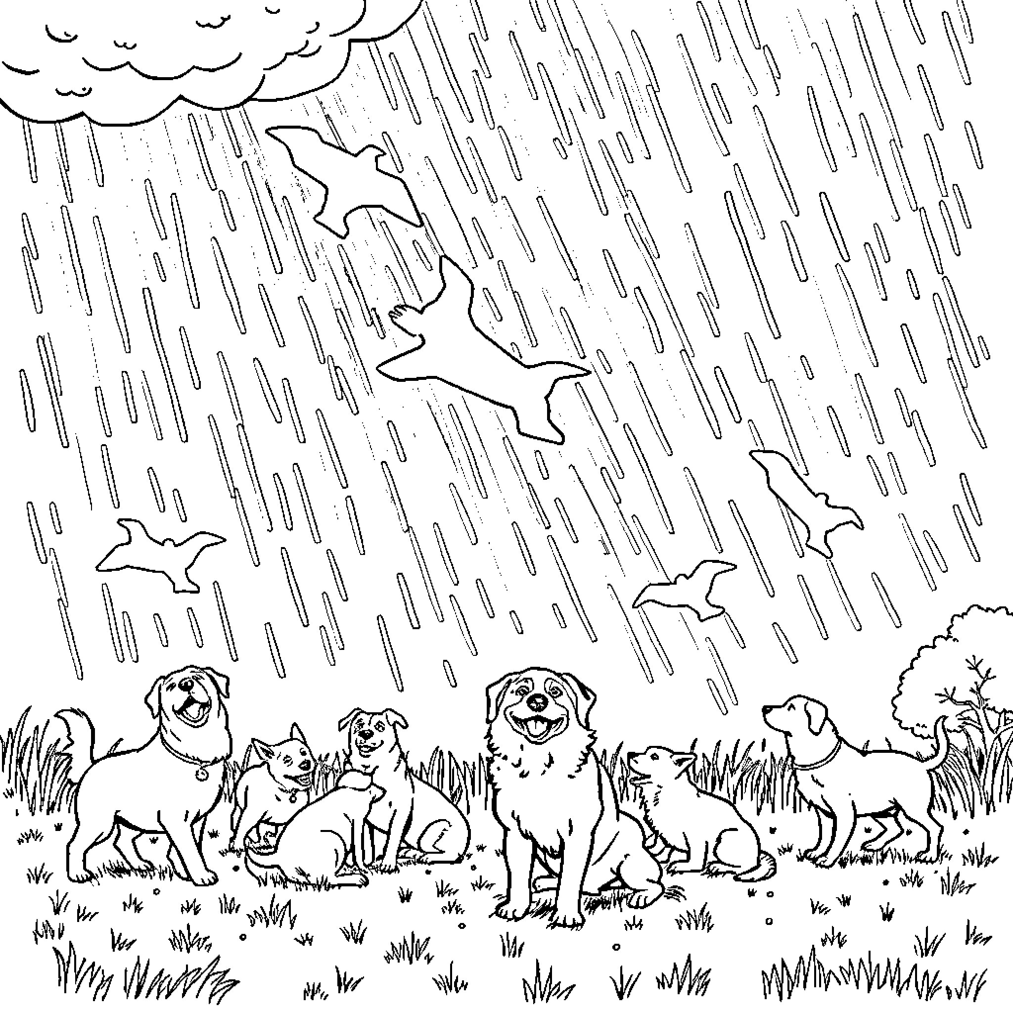 Dog family playing in the rain Coloring Page (free black-and-white line drawing printable PDF for all, from beginners to advanced learners, including children, teens, adults, and seniors)