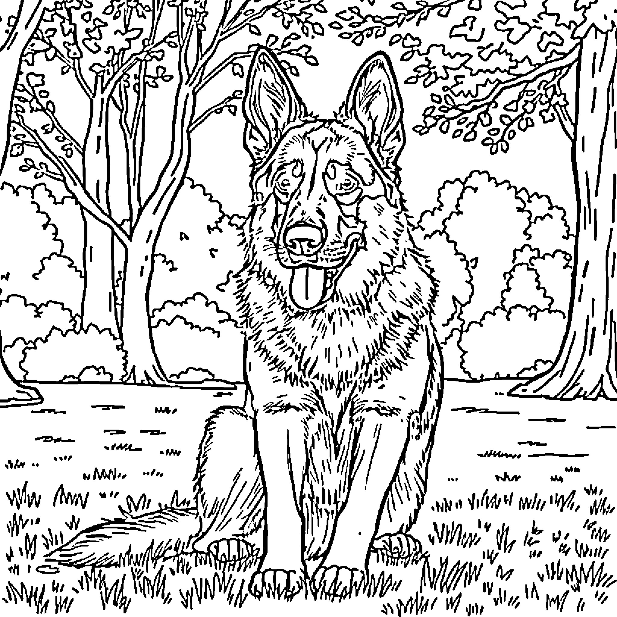 GSD in the Serene Forest Landscape Coloring Page (free black-and-white line drawing printable PDF for all, from beginners to advanced learners, including children, teens, adults, and seniors)