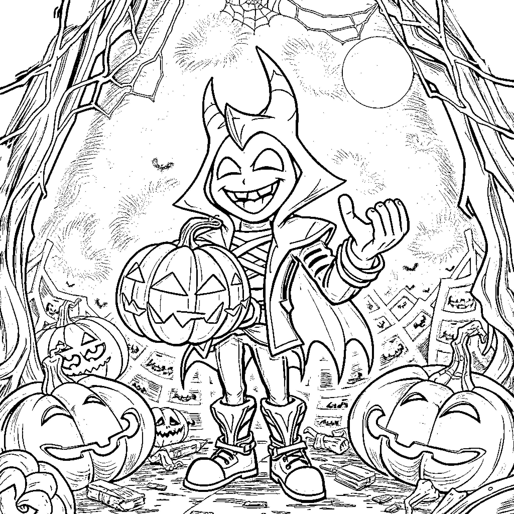 Jaxx the Mischievous Pumpkin Prankster Coloring Page (free black-and-white line drawing printable PDF for all, from beginners to advanced learners, including children, teens, adults, and seniors)