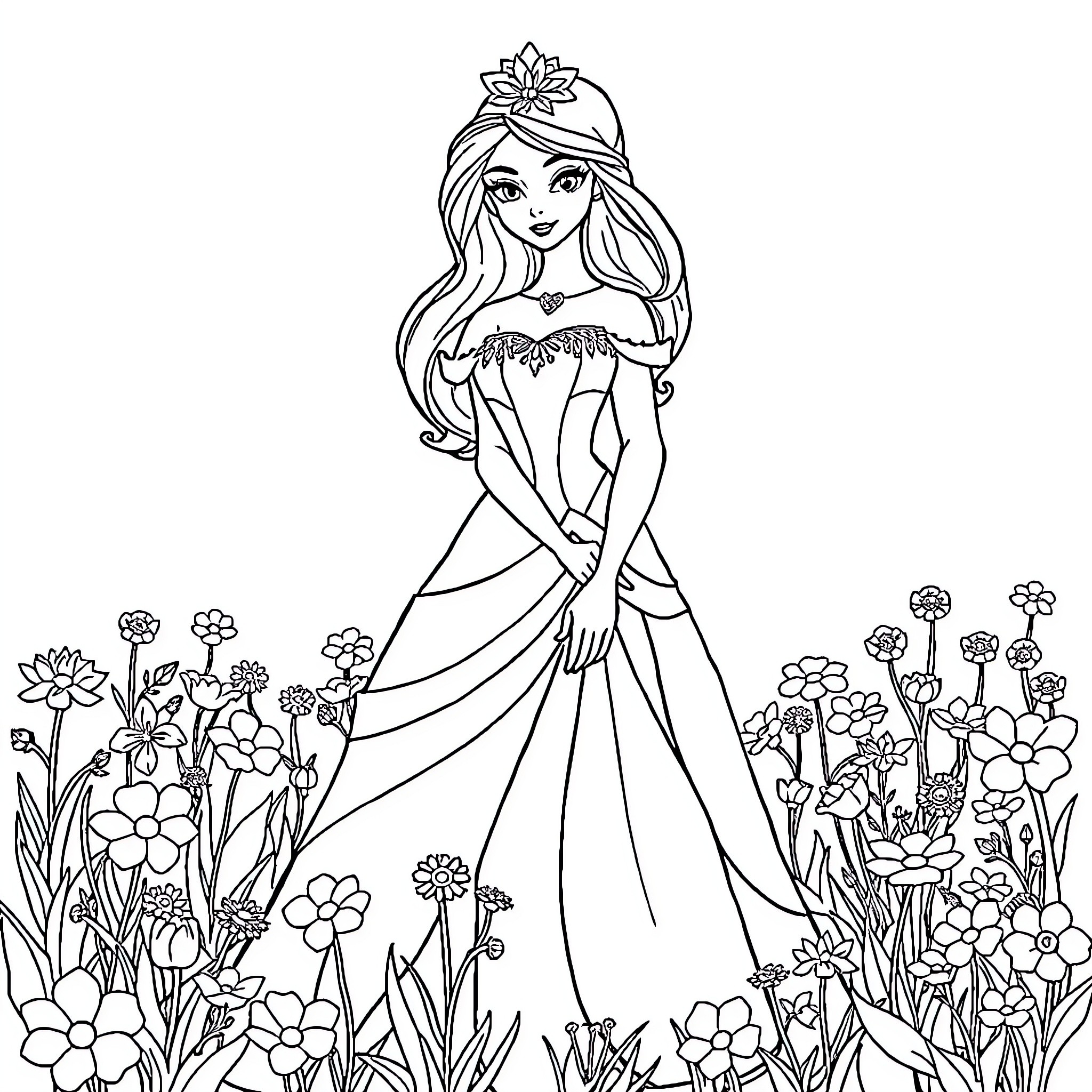 Princess in Flowery Garden Coloring Page (free black-and-white line drawing printable PDF for all, from beginners to advanced learners, including children, teens, adults, and seniors)
