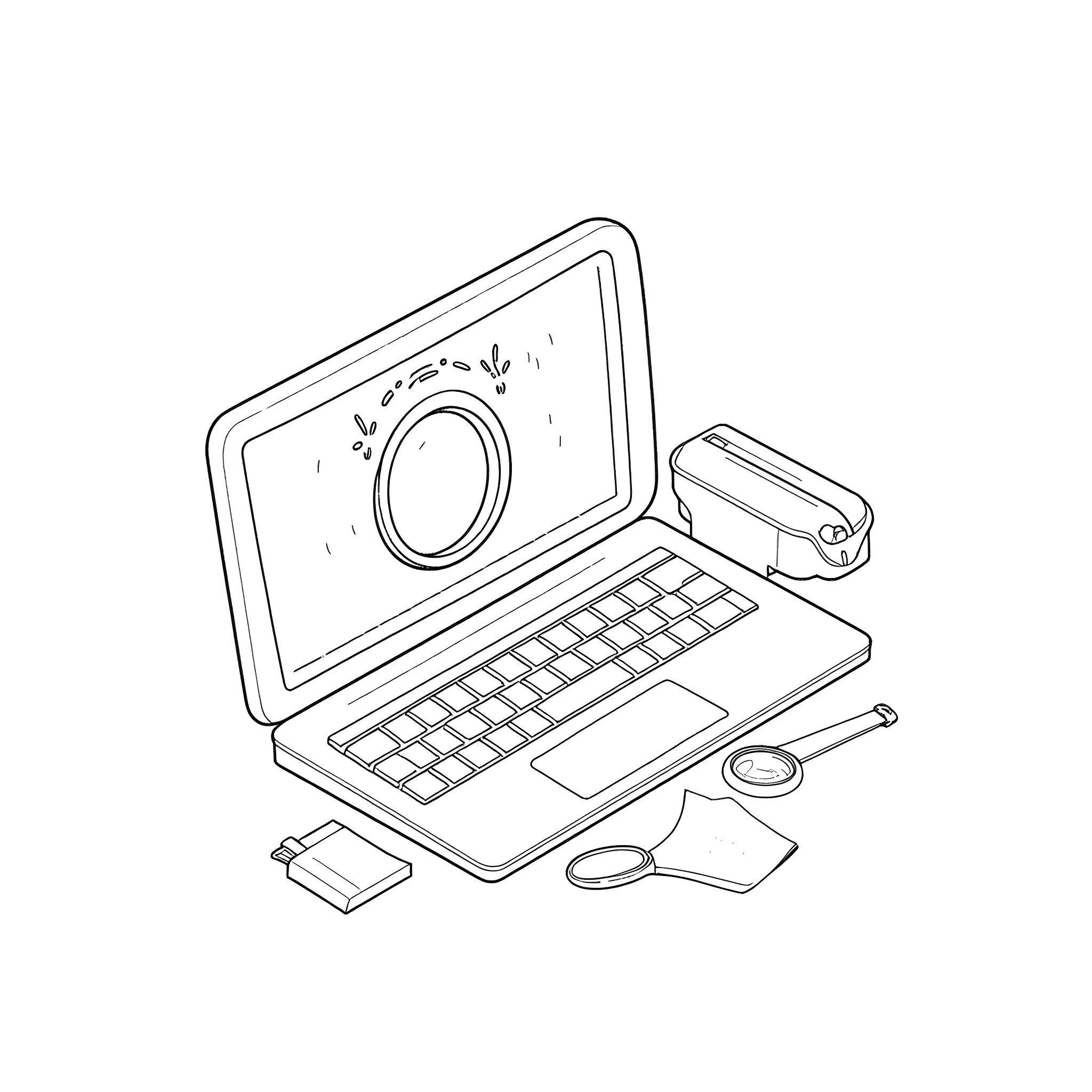 Forensics: Technical equipment and devices on a desk Coloring Page (free black-and-white line drawing printable PDF for all, from beginners to advanced learners, including children, teens, adults, and seniors)