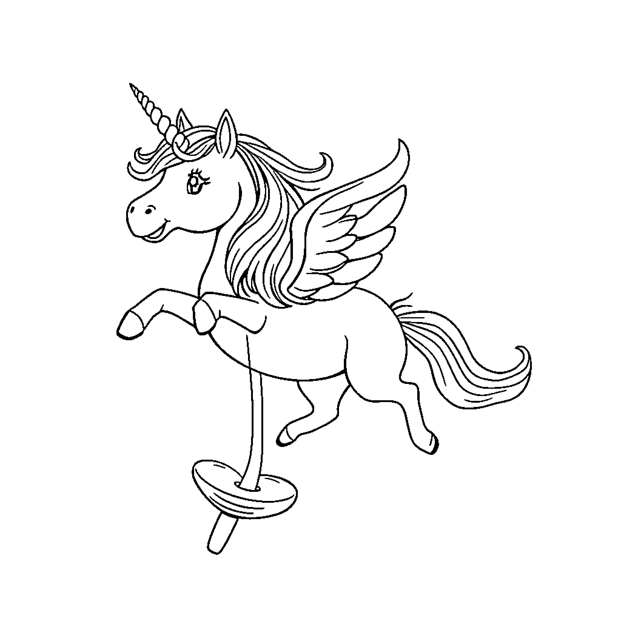 Unicorn riding a pogo stick happily Coloring Page (free black-and-white line drawing printable PDF for all, from beginners to advanced learners, including children, teens, adults, and seniors)