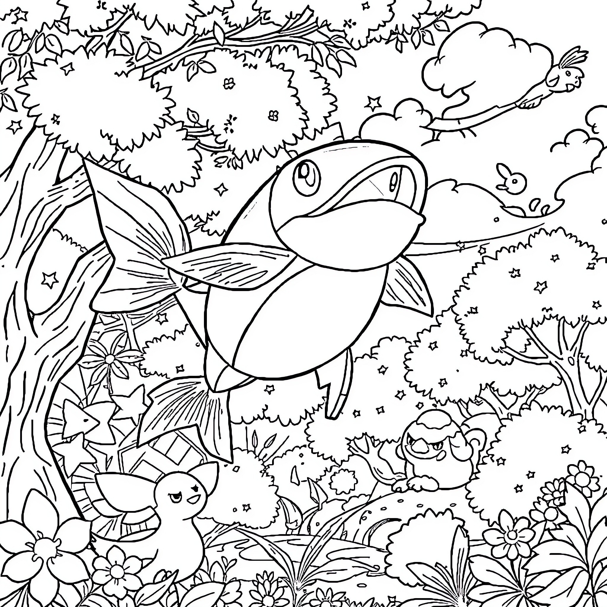 Koffing exploring a whimsical forest landscape Coloring Page (free black-and-white line drawing printable PDF for all, from beginners to advanced learners, including children, teens, adults, and seniors)