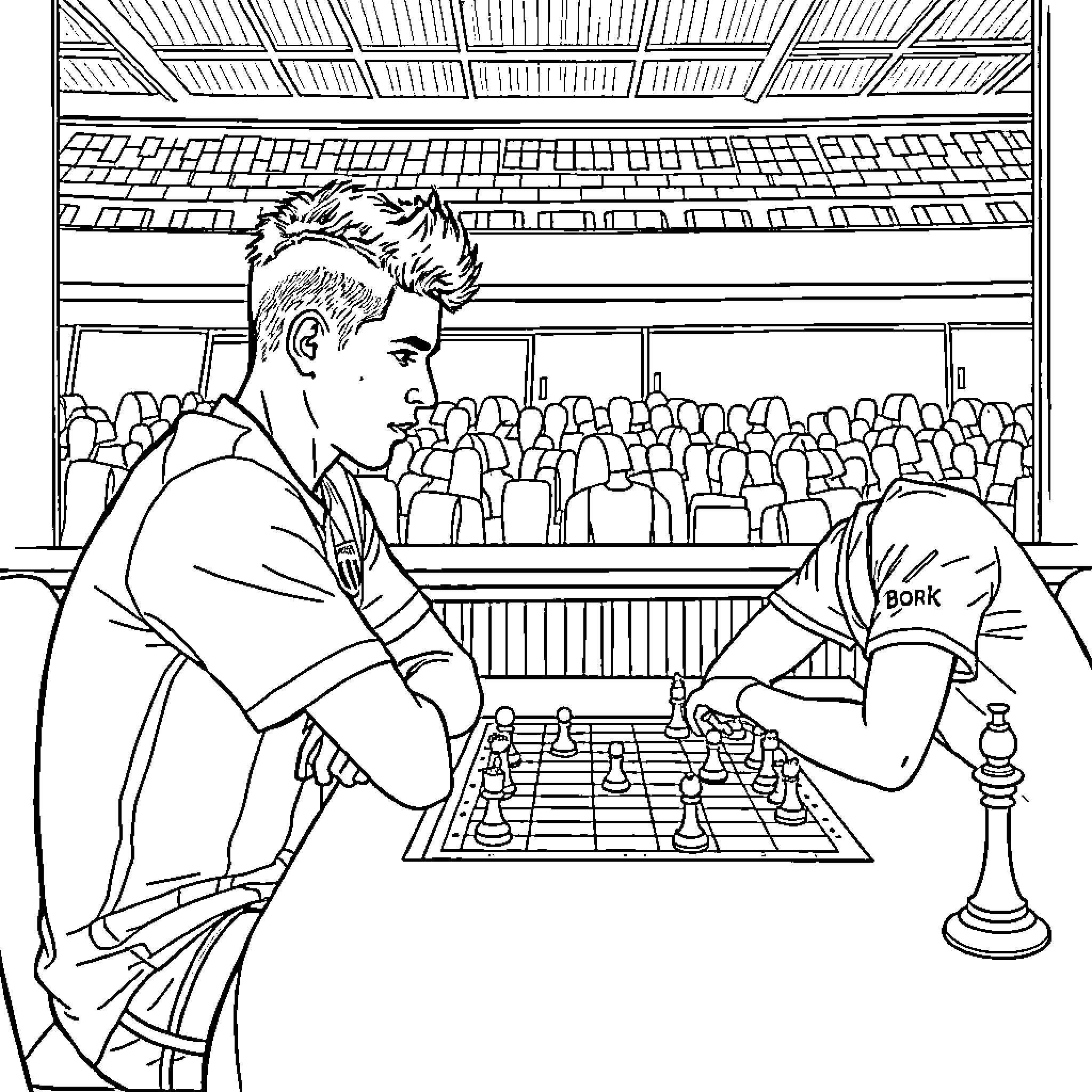 Lamine Yamal playing chess in a crowded stadium Coloring Page (free black-and-white line drawing printable PDF for all, from beginners to advanced learners, including children, teens, adults, and seniors)
