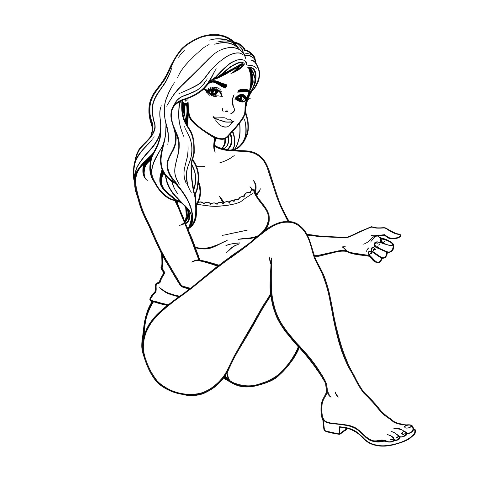 Woman sitting in a relaxed pose Coloring Page (free black-and-white line drawing printable PDF for all, from beginners to advanced learners, including children, teens, adults, and seniors)