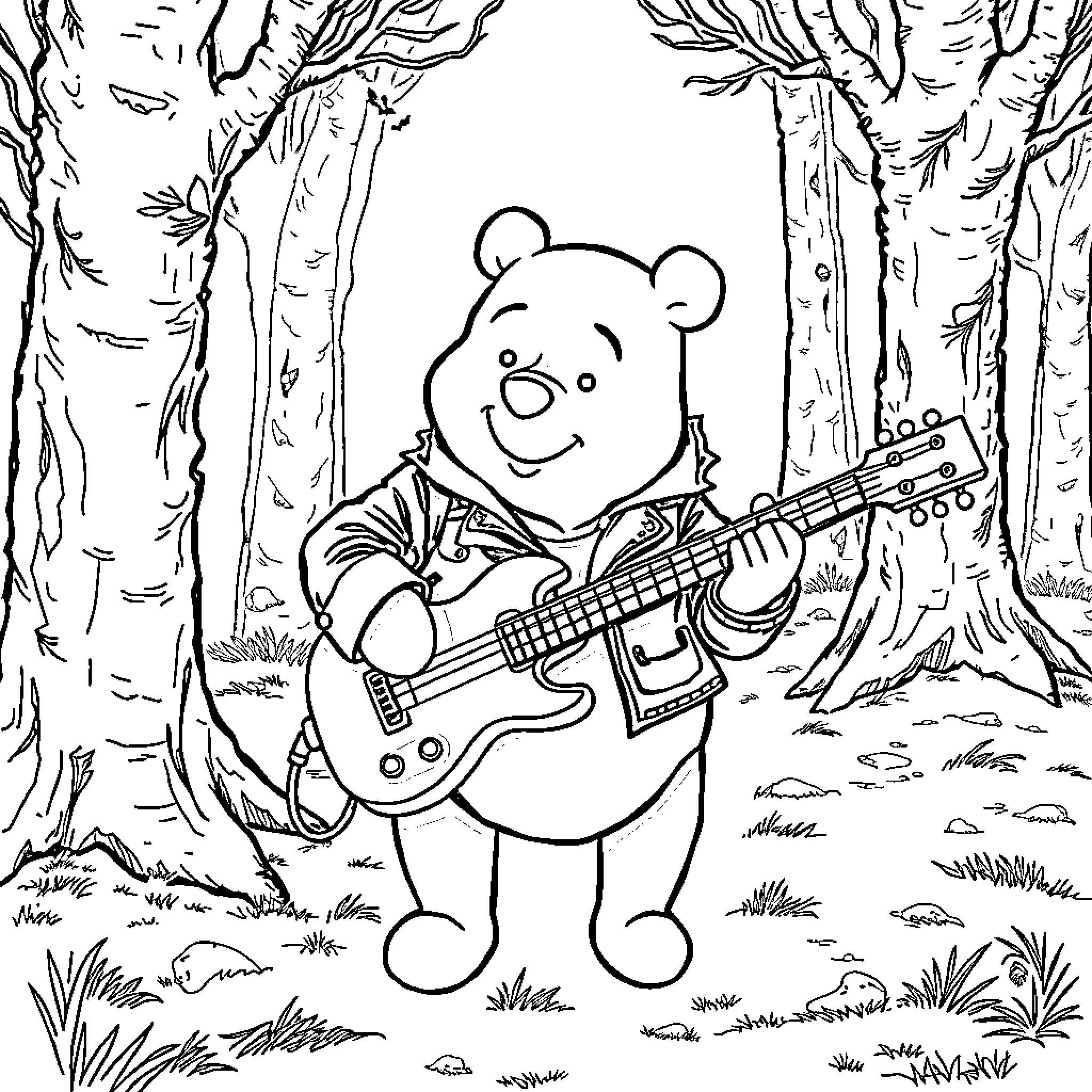 Winnie The Pooh playing guitar in the forest Coloring Page (free black-and-white line drawing printable PDF for all, from beginners to advanced learners, including children, teens, adults, and seniors)