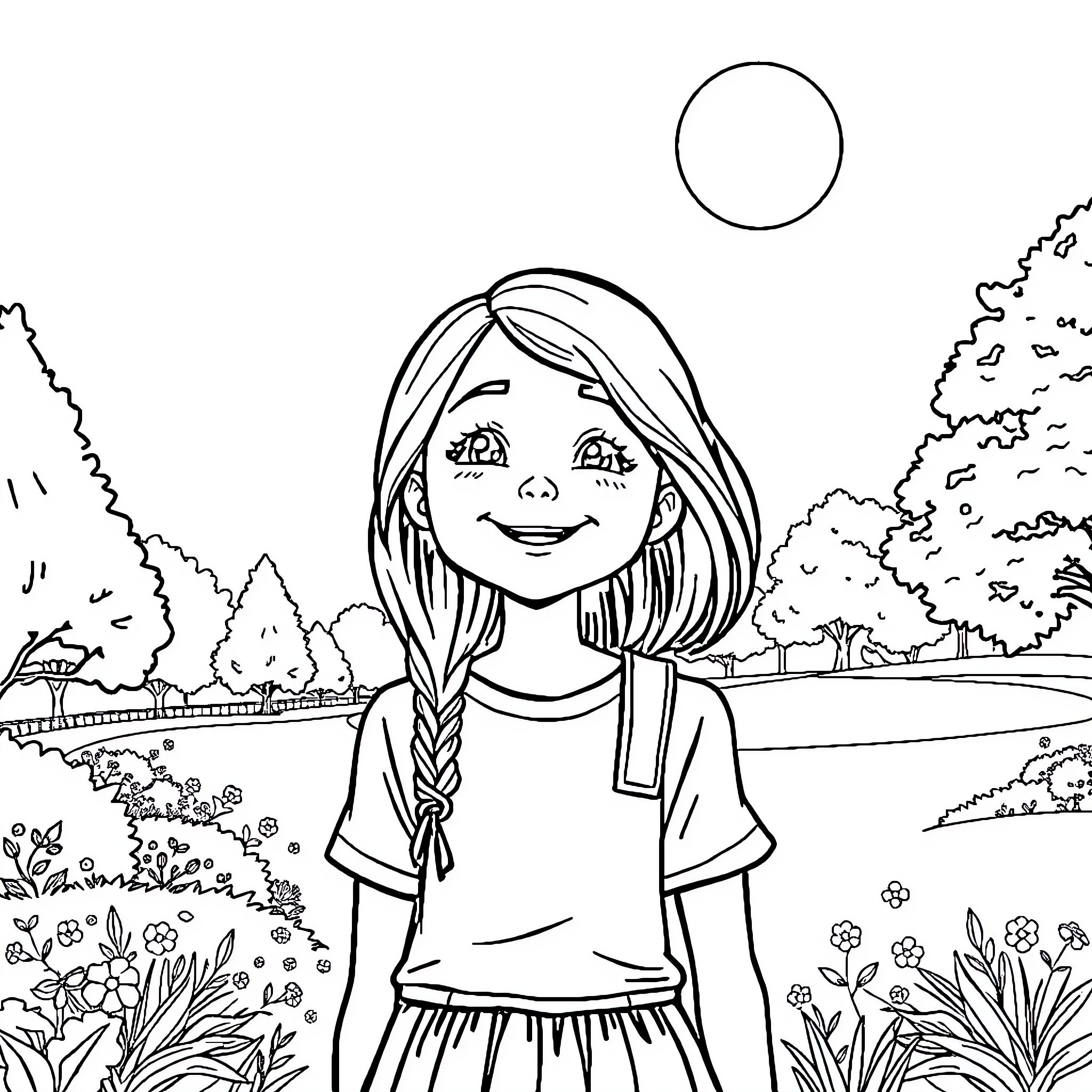 Girl enjoying the outdoors in nature Coloring Page (free black-and-white line drawing printable PDF for all, from beginners to advanced learners, including children, teens, adults, and seniors)