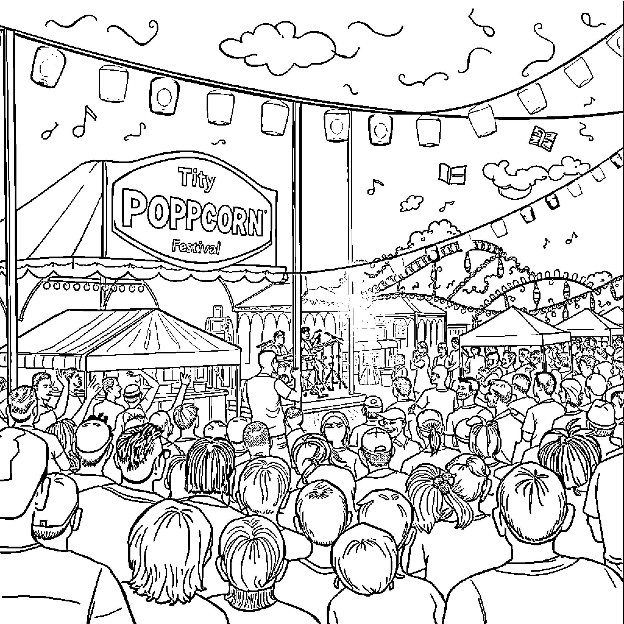 City Festival with Crowds Enjoying Popcorn and Music Coloring Page (free black-and-white line drawing printable PDF for all, from beginners to advanced learners, including children, teens, adults, and seniors)