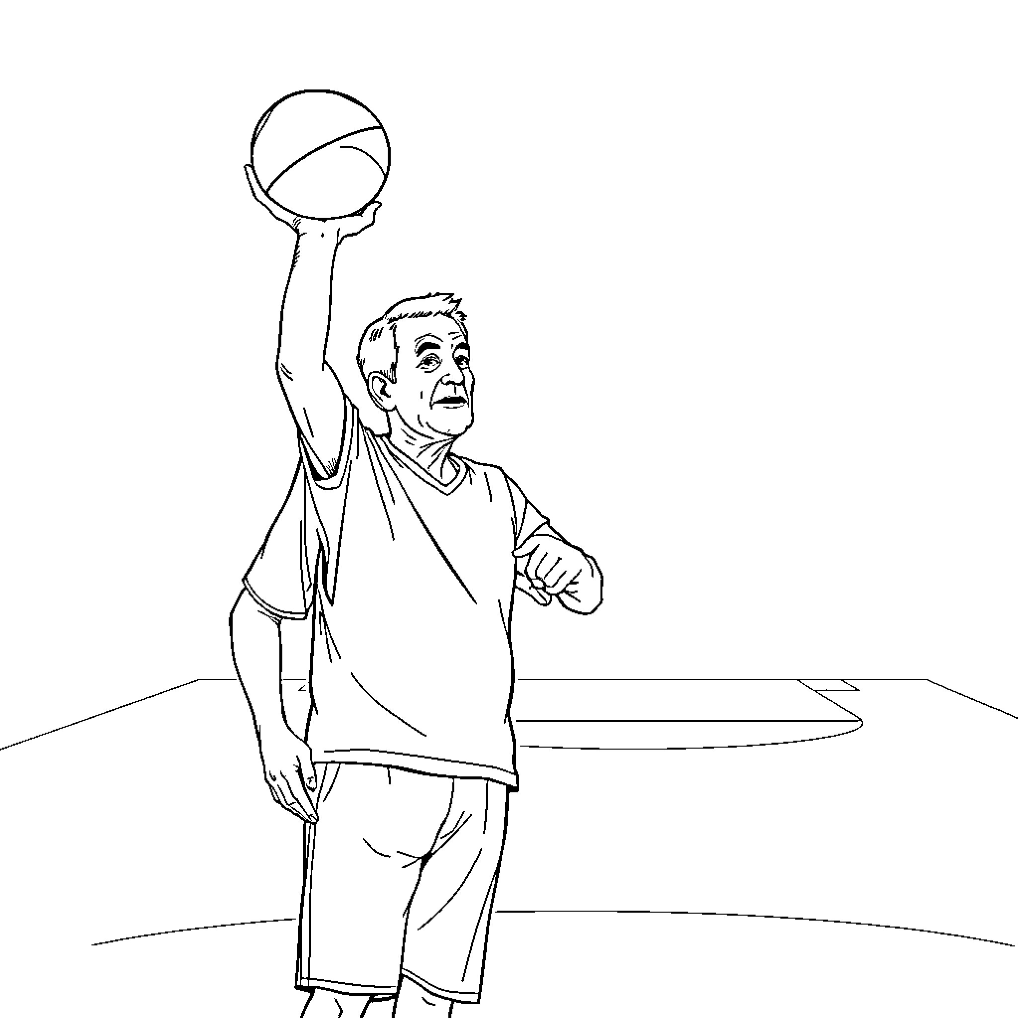 Basketball player shooting a ball with determination Coloring Page (free black-and-white line drawing printable PDF for all, from beginners to advanced learners, including children, teens, adults, and seniors)
