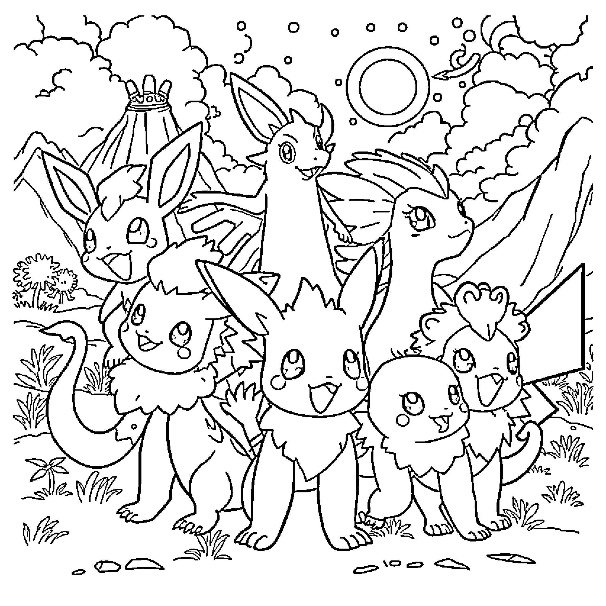 Pokémon Creatures Exploring Magical Landscape Coloring Page (free black-and-white line drawing printable PDF for all, from beginners to advanced learners, including children, teens, adults, and seniors)