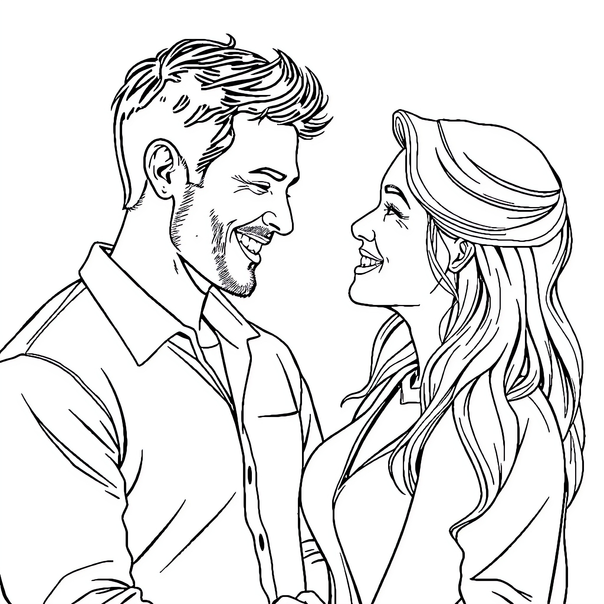 Husband and wife sharing a tender moment Coloring Page (free black-and-white line drawing printable PDF for all, from beginners to advanced learners, including children, teens, adults, and seniors)
