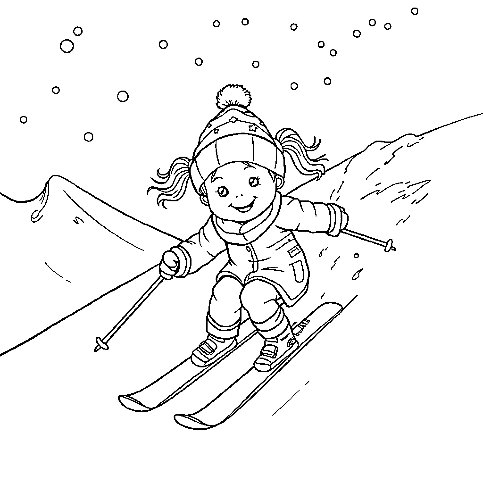 Girl skiing down snowy slopes Coloring Page (free black-and-white line drawing printable PDF for all, from beginners to advanced learners, including children, teens, adults, and seniors)