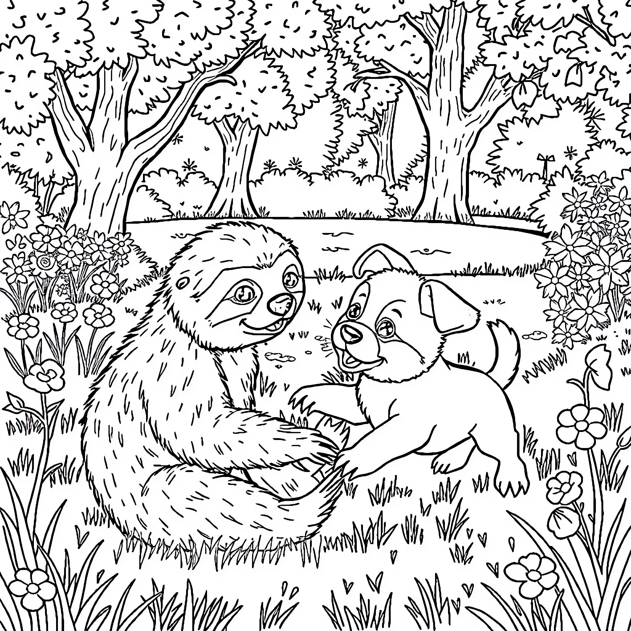 Sloth and Puppy Explore the Lush Forest Coloring Page (free black-and-white line drawing printable PDF for all, from beginners to advanced learners, including children, teens, adults, and seniors)