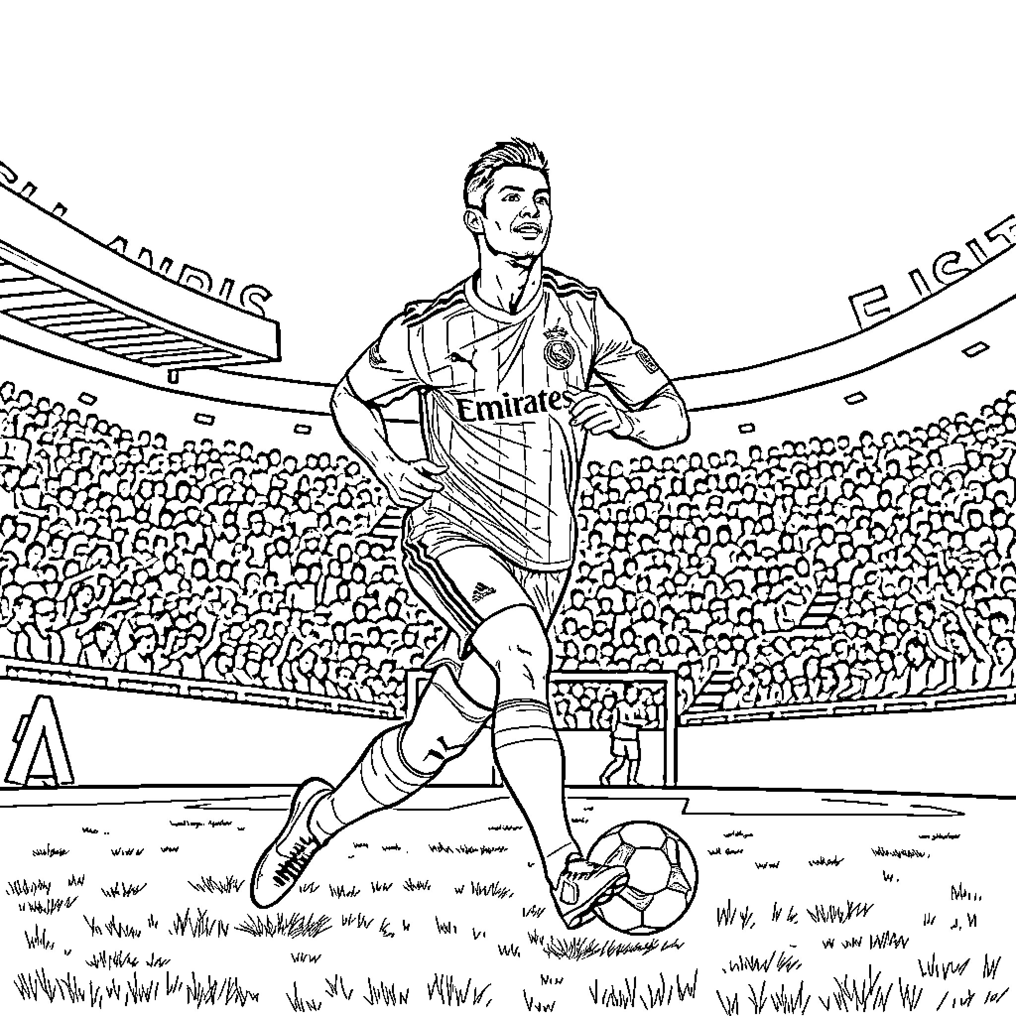 Cristiano Ronaldo running on the football field Coloring Page (free black-and-white line drawing printable PDF for all, from beginners to advanced learners, including children, teens, adults, and seniors)