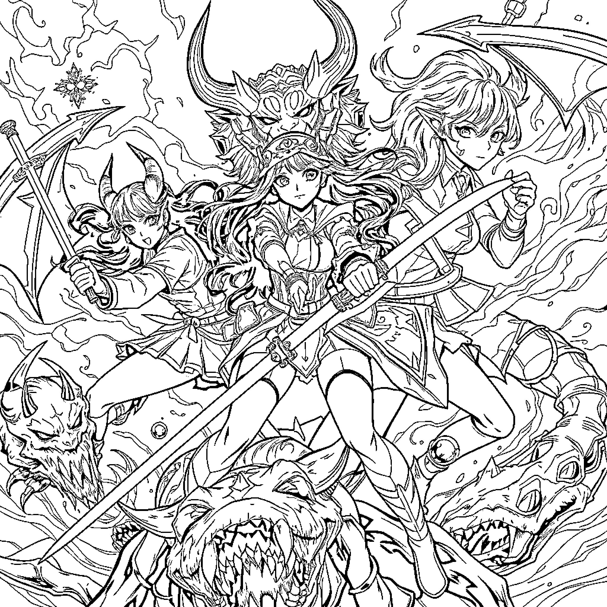 Demon Hunter's Valiant Charge in a Fantastical Battle Coloring Page (free black-and-white line drawing printable PDF for all, from beginners to advanced learners, including children, teens, adults, and seniors)