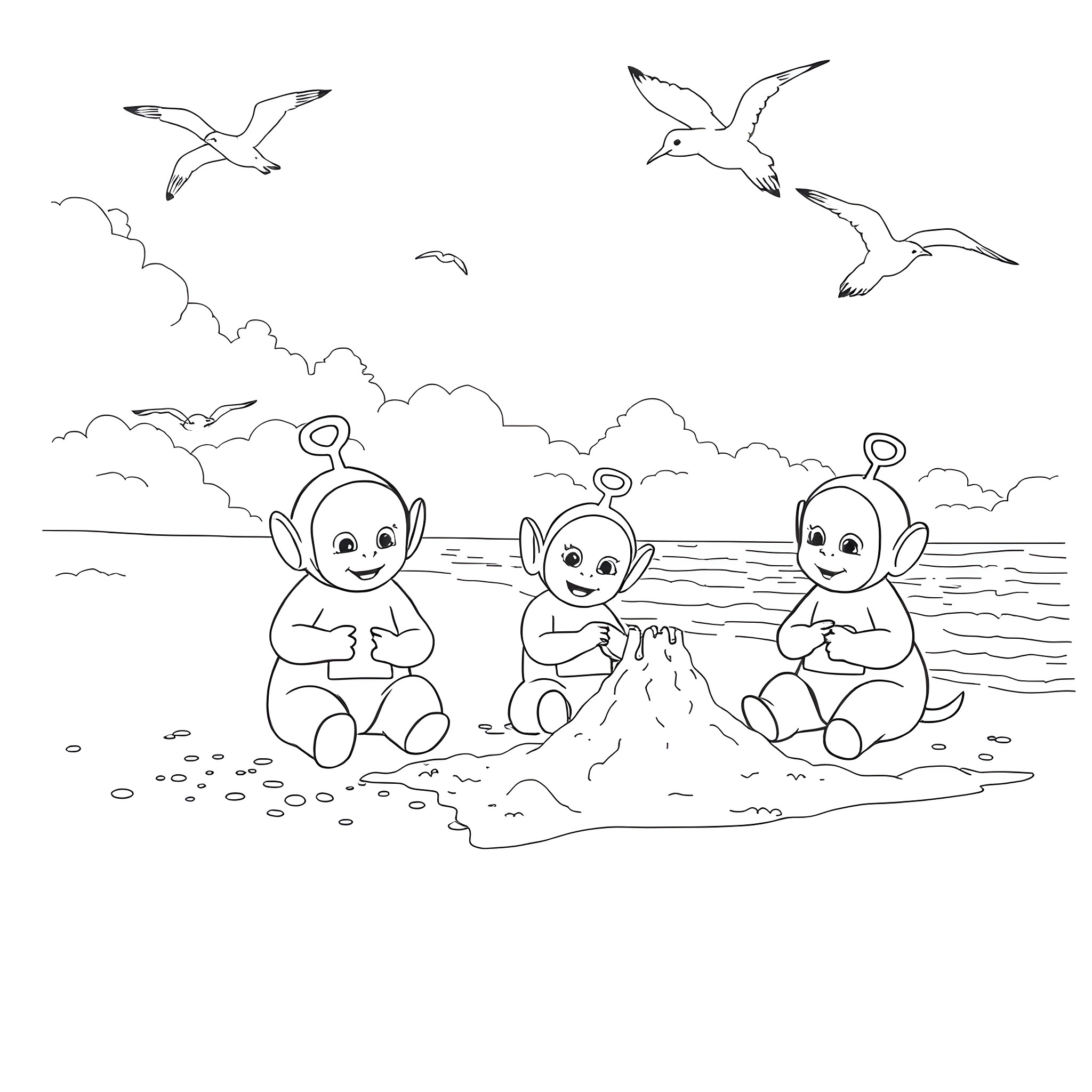 Teletubbies playing happily on the beach Coloring Page (free black-and-white line drawing printable PDF for all, from beginners to advanced learners, including children, teens, adults, and seniors)