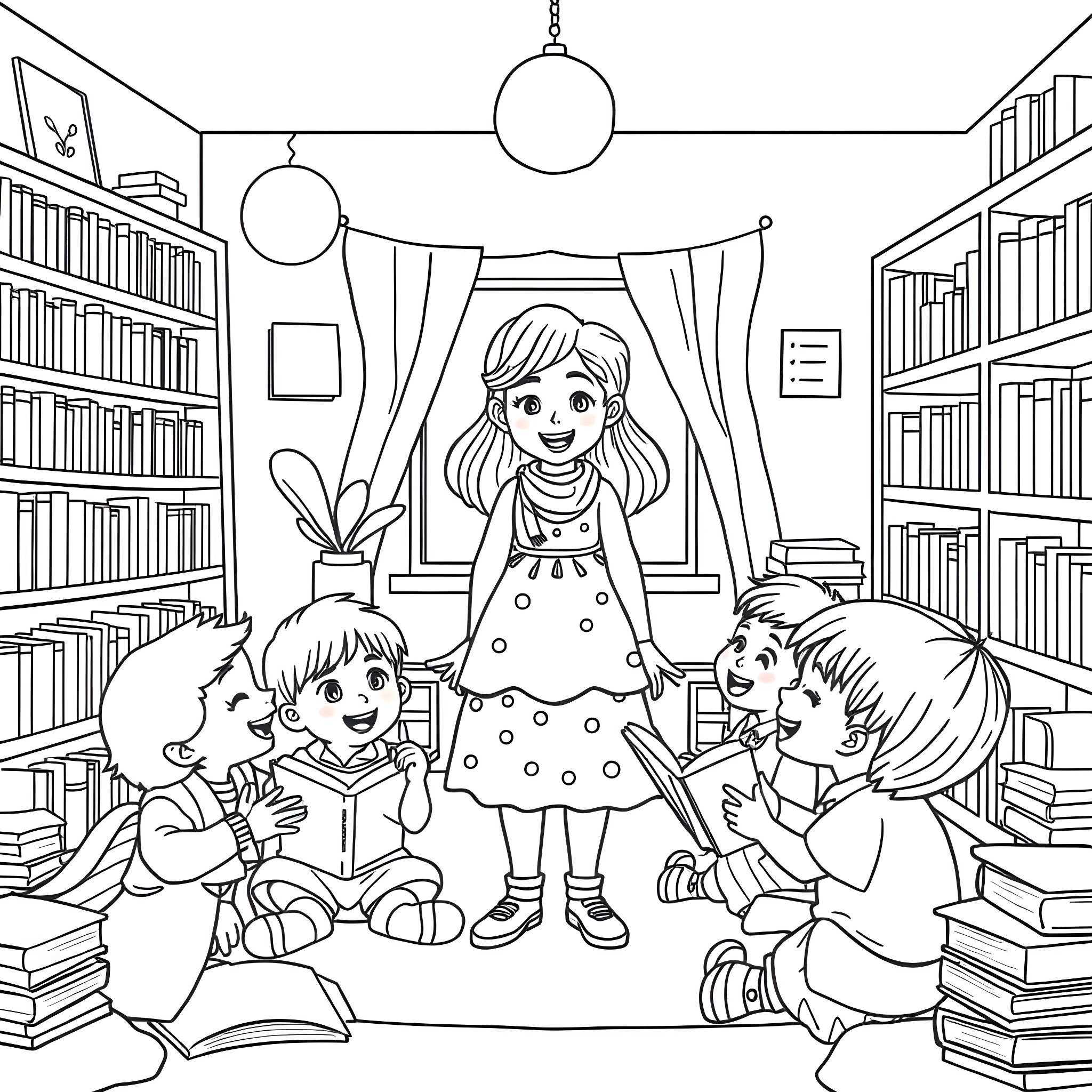 Ms Rachel Entertains Children in the Library Coloring Page (free black-and-white line drawing printable PDF for all, from beginners to advanced learners, including children, teens, adults, and seniors)