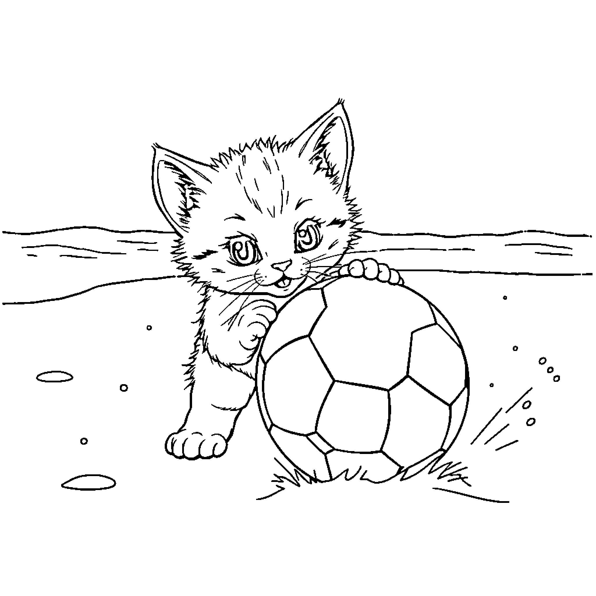 Kitten playing with soccer ball on the beach Coloring Page (free black-and-white line drawing printable PDF for all, from beginners to advanced learners, including children, teens, adults, and seniors)