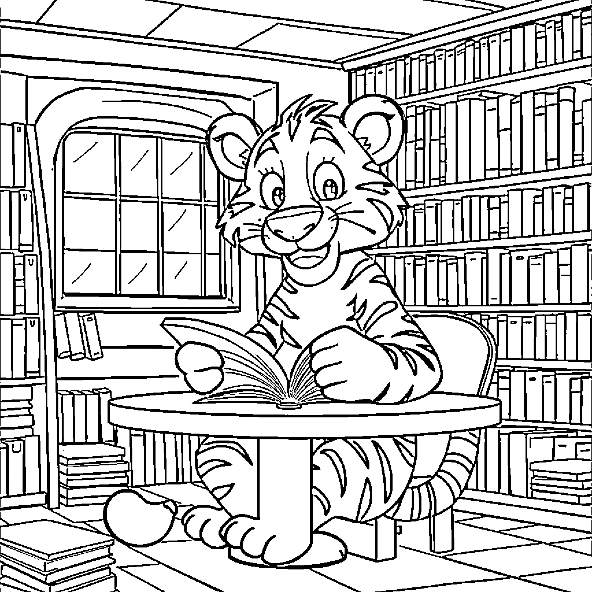 Tiger Reading Books in Library Coloring Page (free black-and-white line drawing printable PDF for all, from beginners to advanced learners, including children, teens, adults, and seniors)