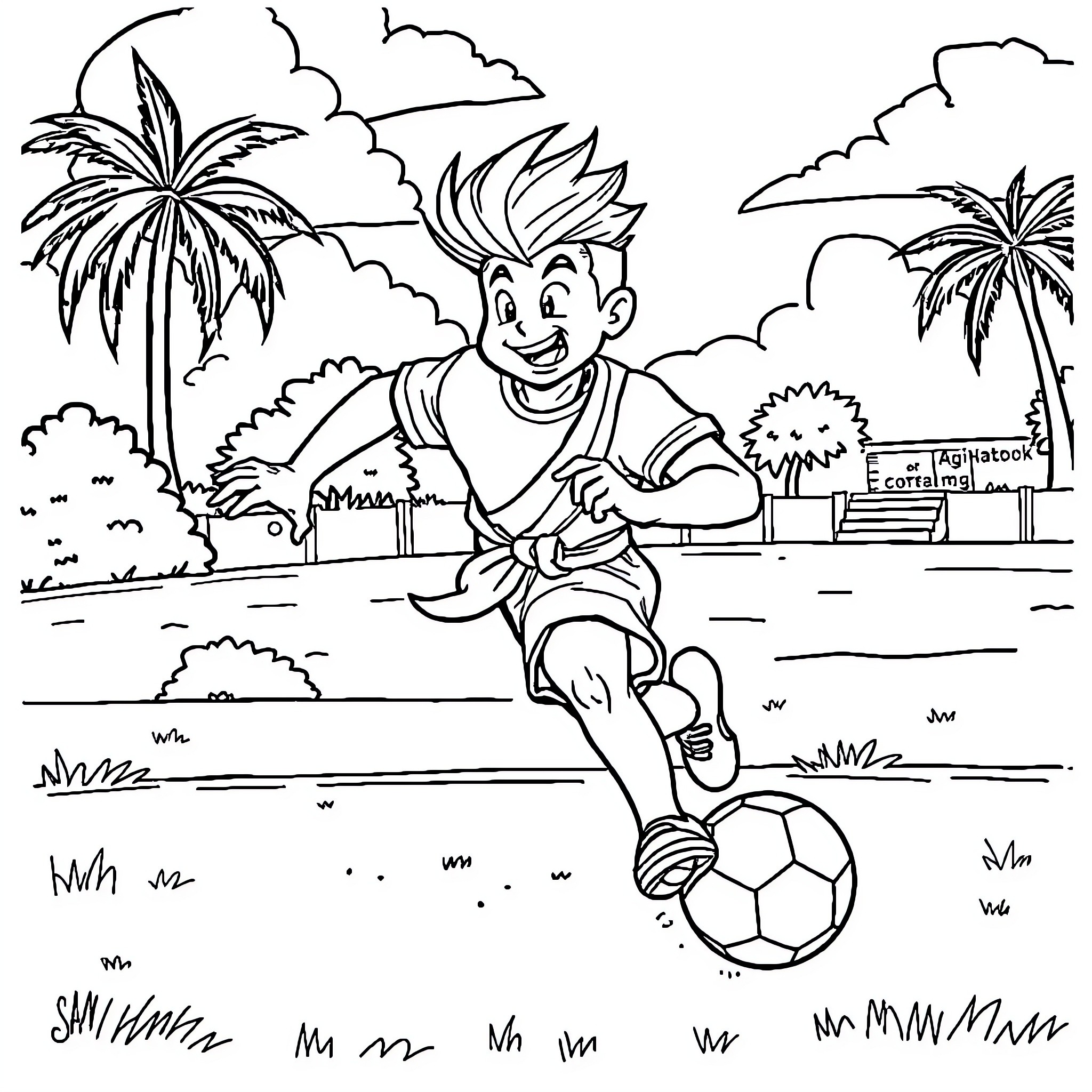 Gohan playing soccer outdoors with palm trees Coloring Page (free black-and-white line drawing printable PDF for all, from beginners to advanced learners, including children, teens, adults, and seniors)