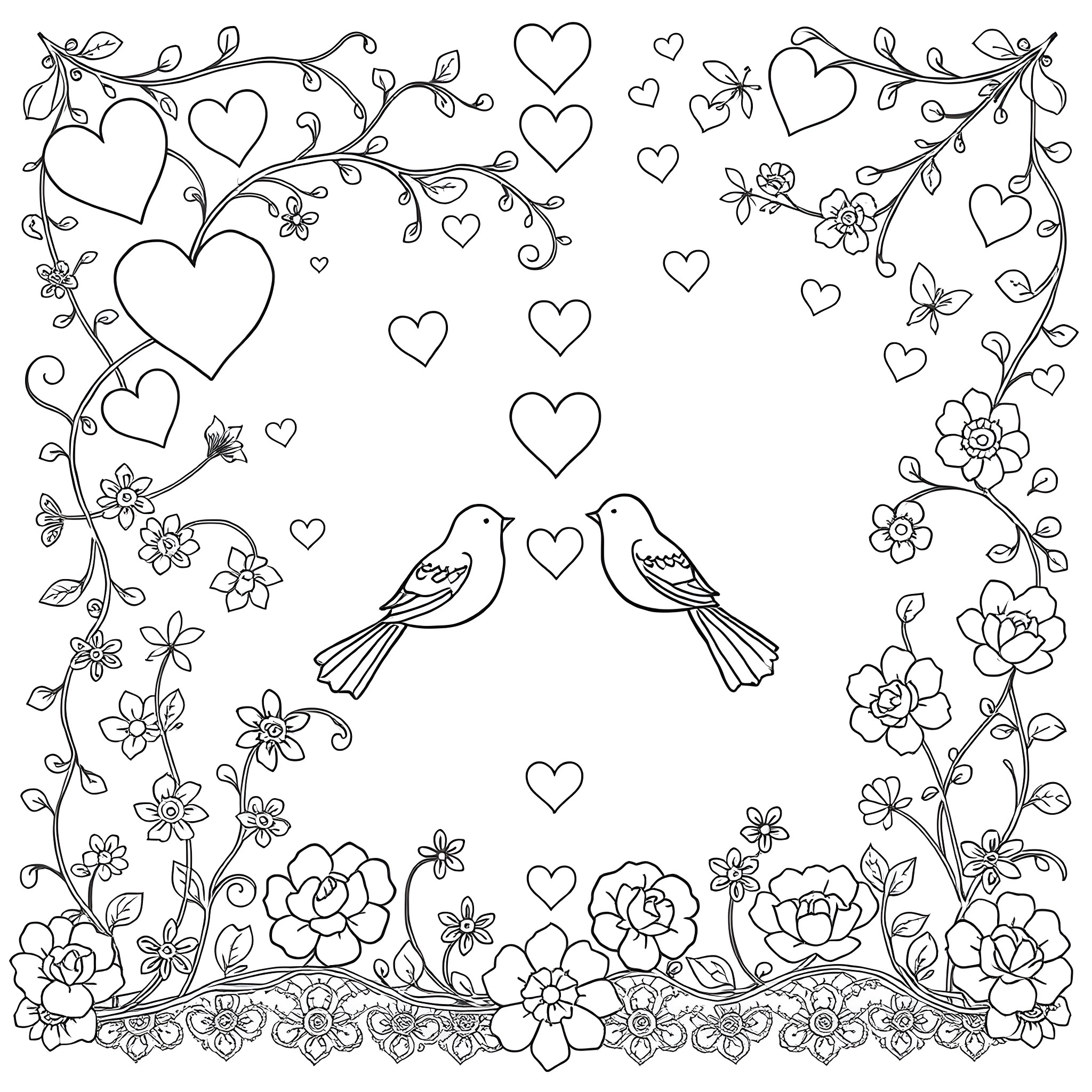 Valentine's Day romantic floral frame with birds Coloring Page (free black-and-white line drawing printable PDF for all, from beginners to advanced learners, including children, teens, adults, and seniors)