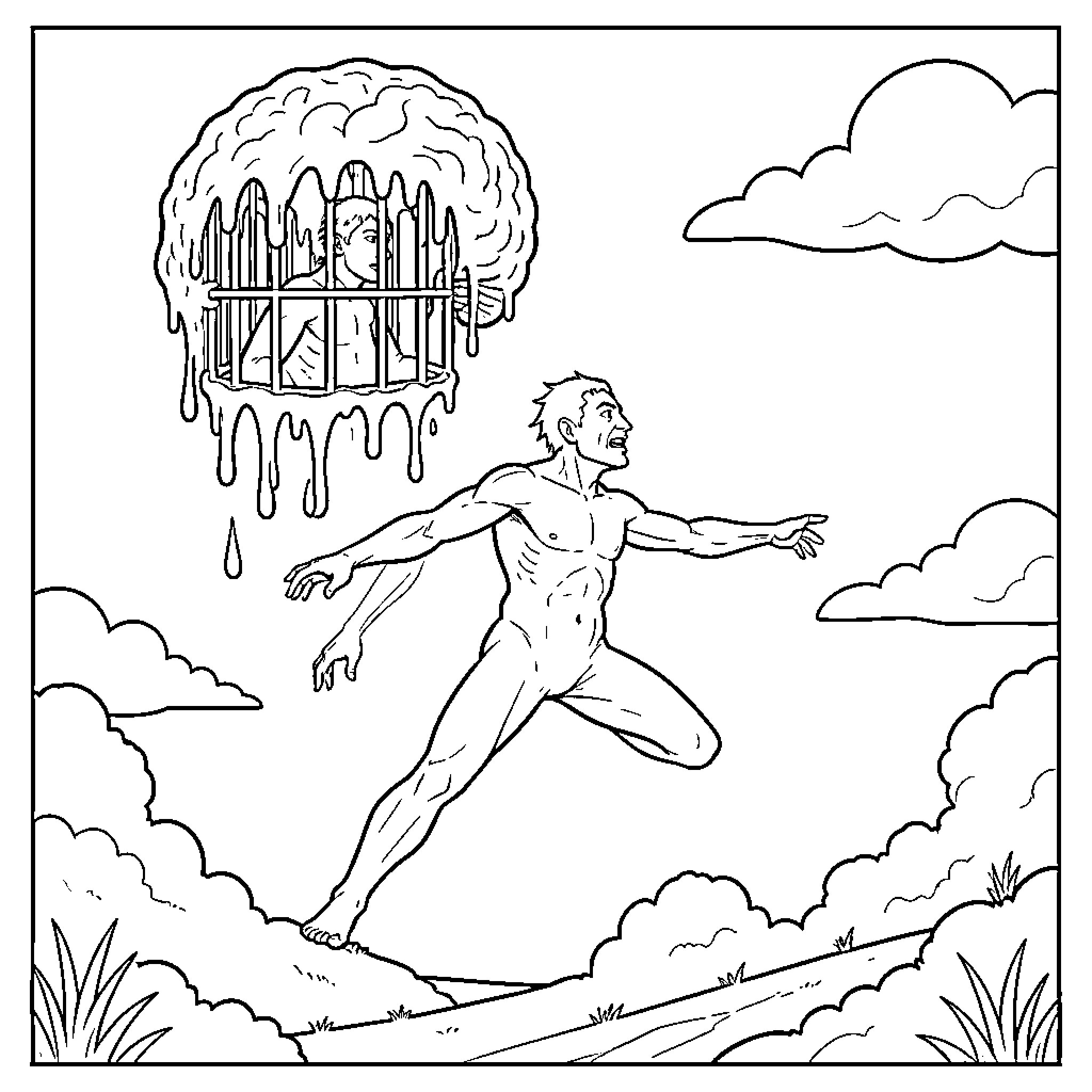 Cerebro: Superhuman Levitation and Dreamscape Coloring Page (free black-and-white line drawing printable PDF for all, from beginners to advanced learners, including children, teens, adults, and seniors)