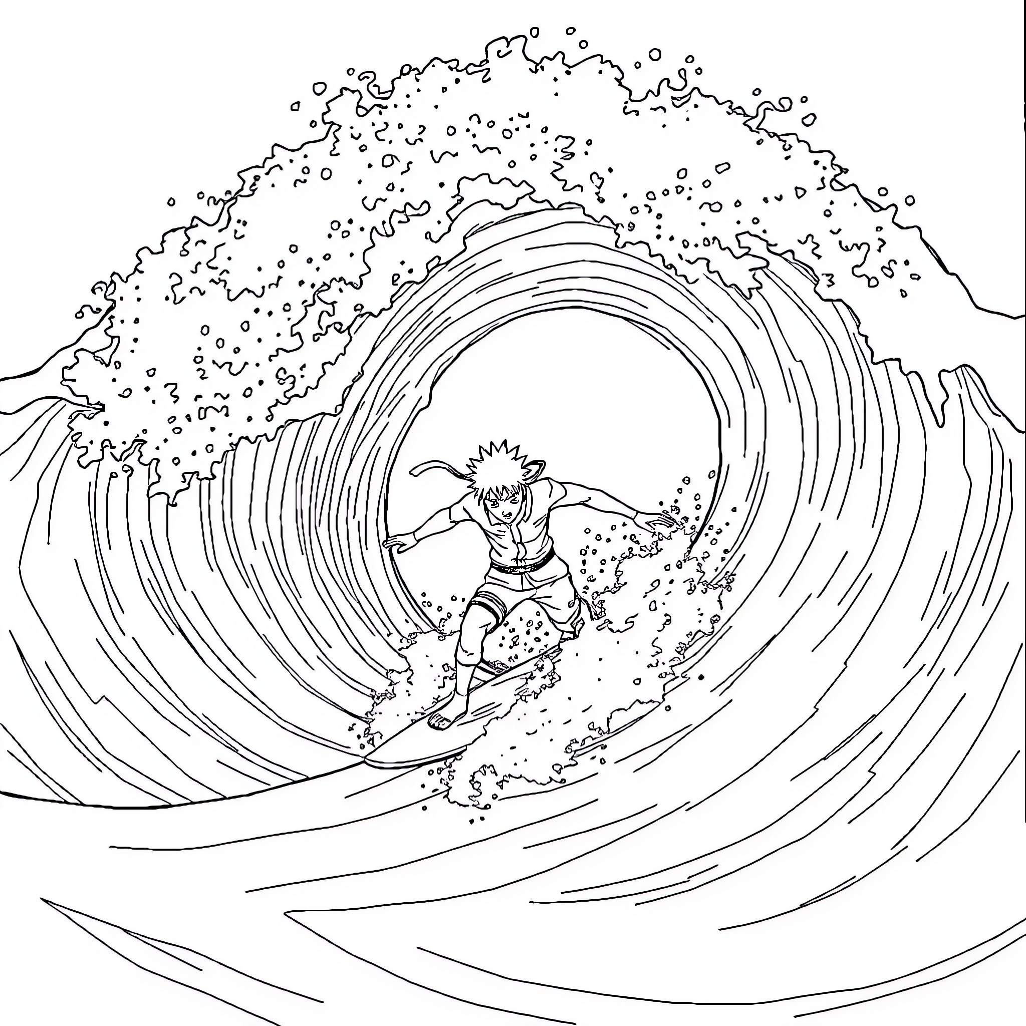 Naruto riding a giant wave Coloring Page (free black-and-white line drawing printable PDF for all, from beginners to advanced learners, including children, teens, adults, and seniors)
