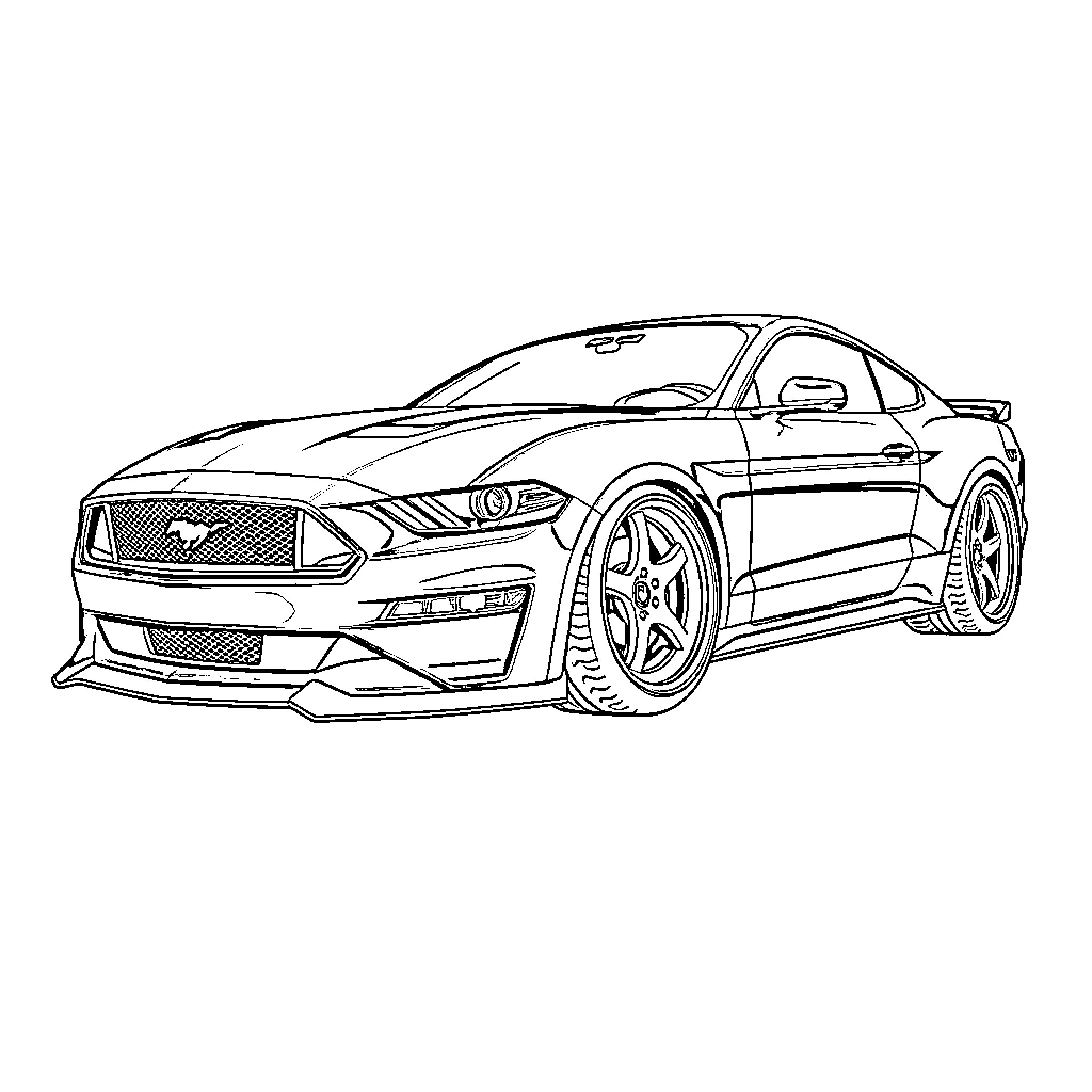 Ford Mustang in dynamic racing pose Coloring Page (free black-and-white line drawing printable PDF for all, from beginners to advanced learners, including children, teens, adults, and seniors)