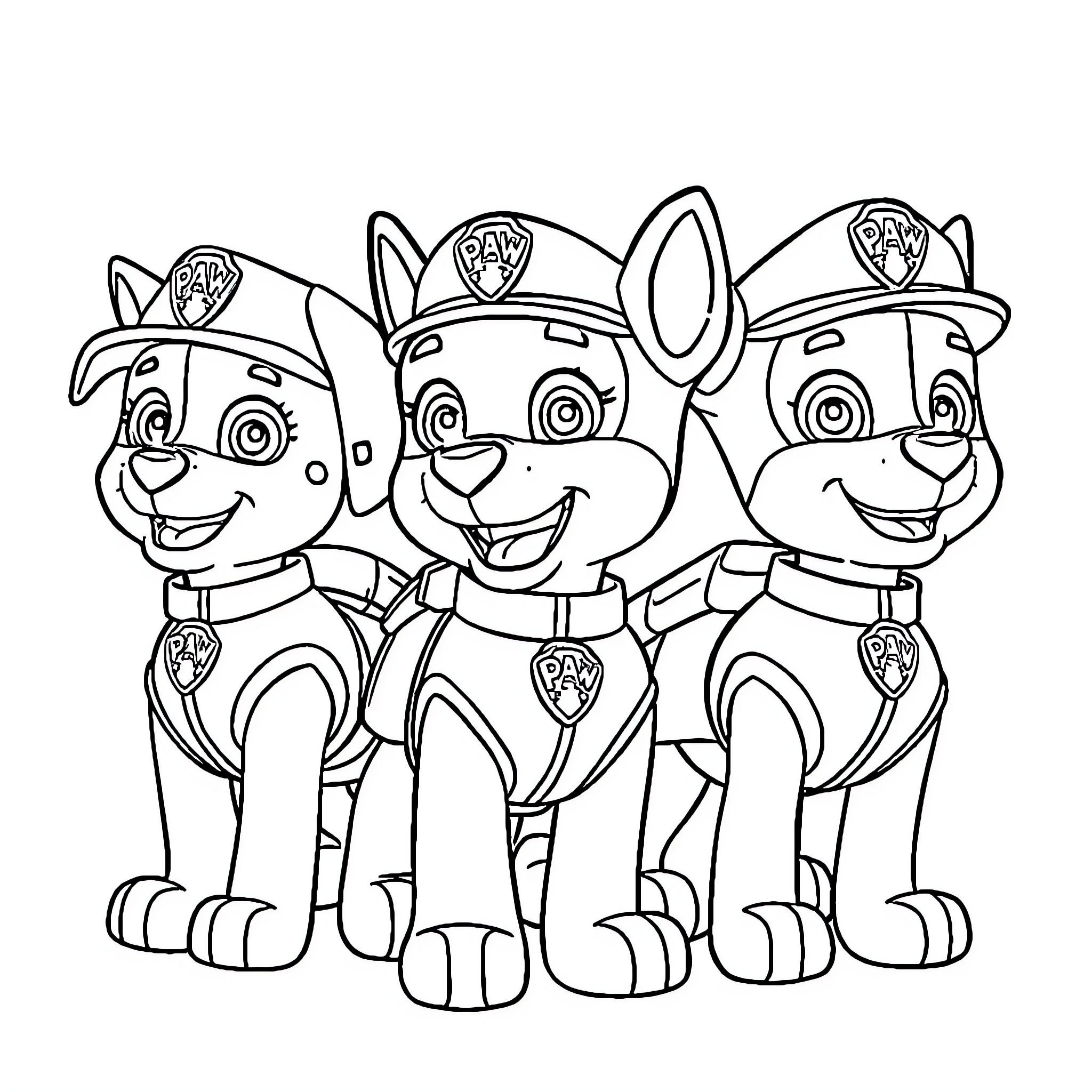 Paw Patrol Trio of Costumed Pups Coloring Page (free black-and-white line drawing printable PDF for all, from beginners to advanced learners, including children, teens, adults, and seniors)
