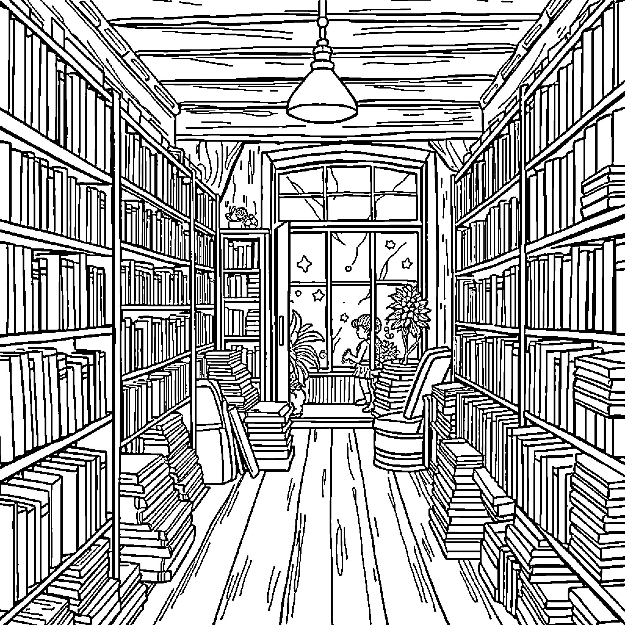 Bookstore with Cozy Reading Nook Coloring Page (free black-and-white line drawing printable PDF for all, from beginners to advanced learners, including children, teens, adults, and seniors)