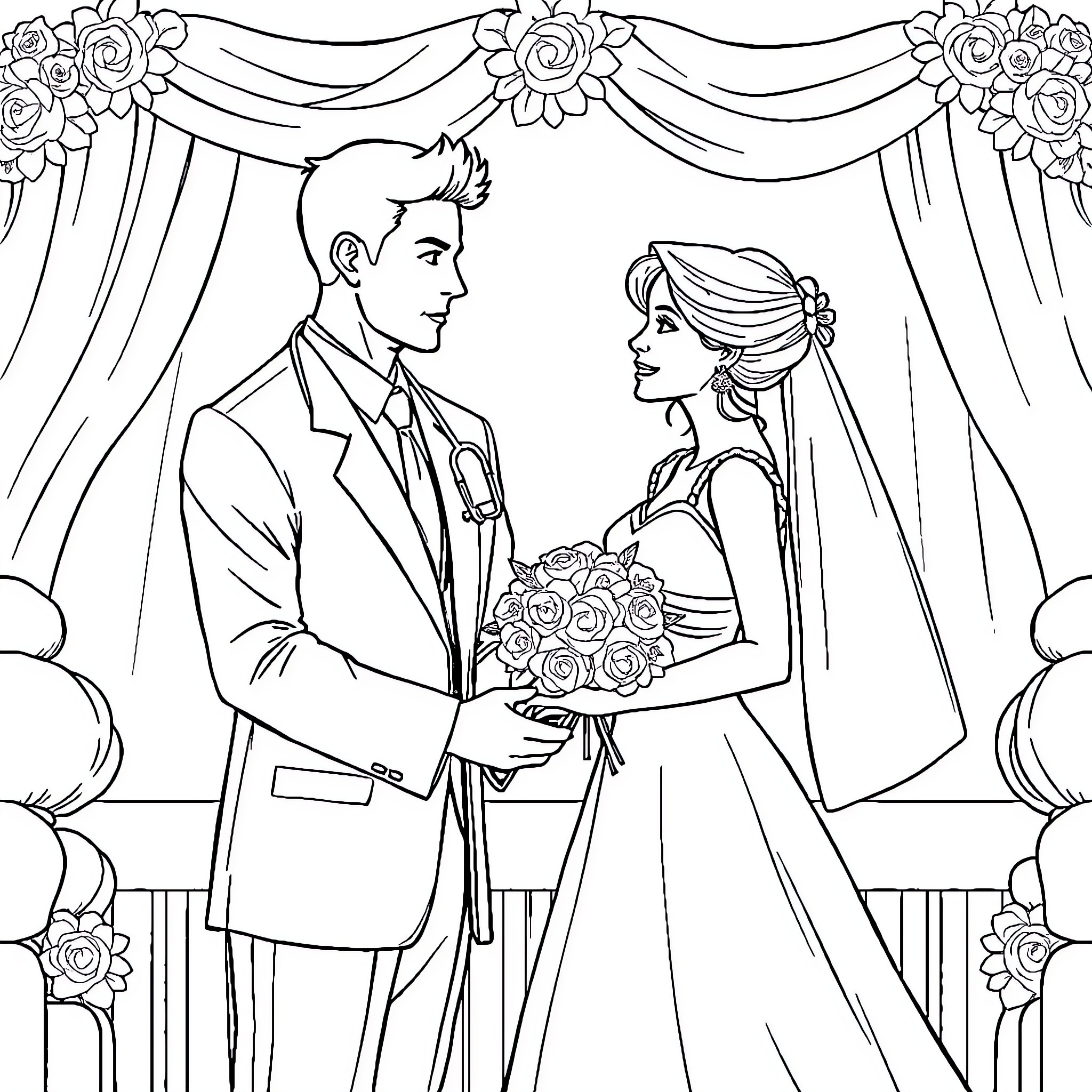 Doctor Performing a Wedding Ceremony for the Newlyweds Coloring Page (free black-and-white line drawing printable PDF for all, from beginners to advanced learners, including children, teens, adults, and seniors)