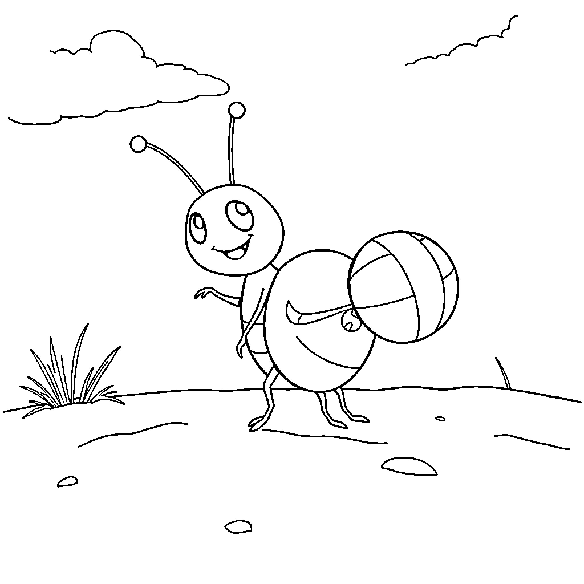 Rolly Polly Bug Enjoying Playtime Outdoors Coloring Page (free black-and-white line drawing printable PDF for all, from beginners to advanced learners, including children, teens, adults, and seniors)