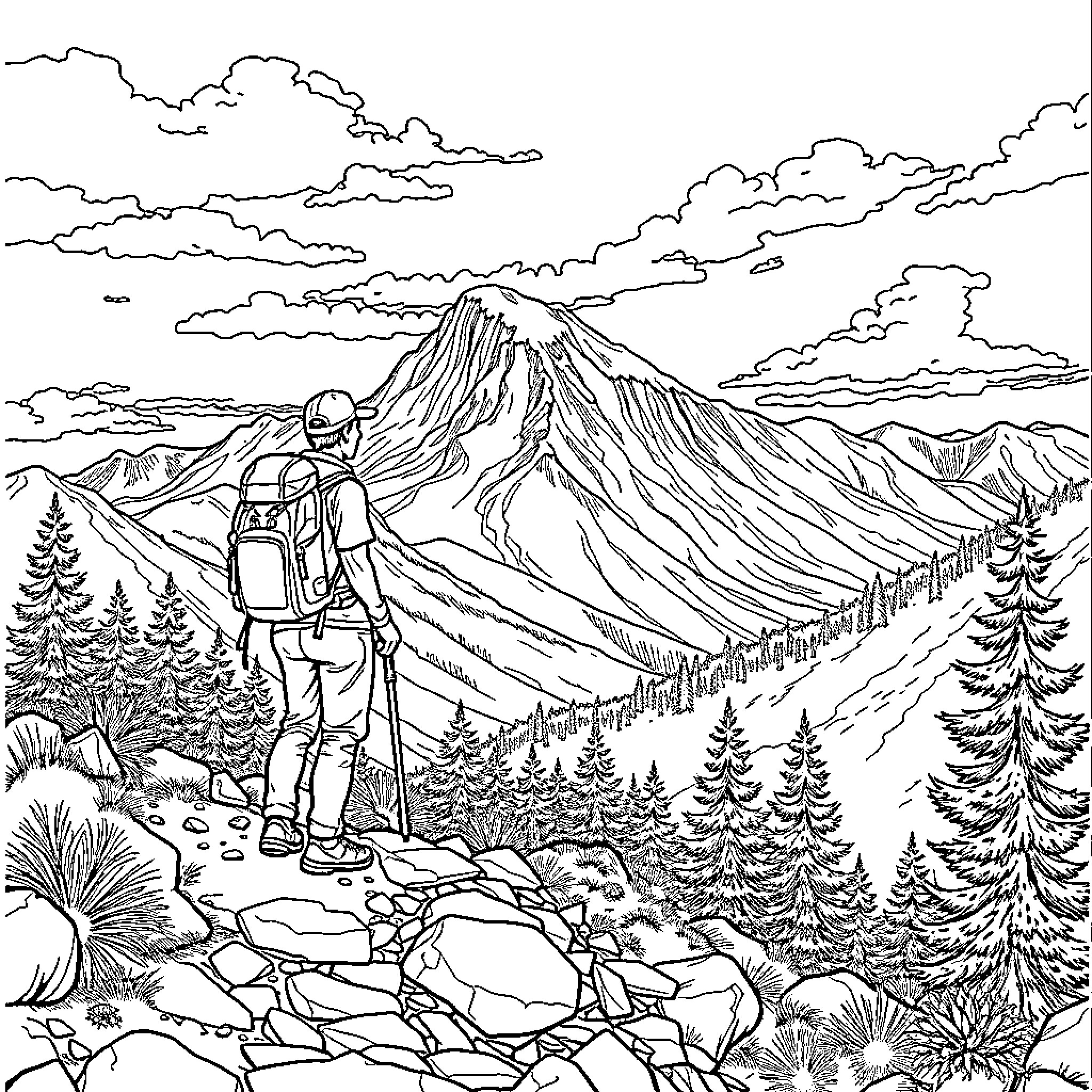 Hiker enjoying the scenic mountain landscape Coloring Page (free black-and-white line drawing printable PDF for all, from beginners to advanced learners, including children, teens, adults, and seniors)